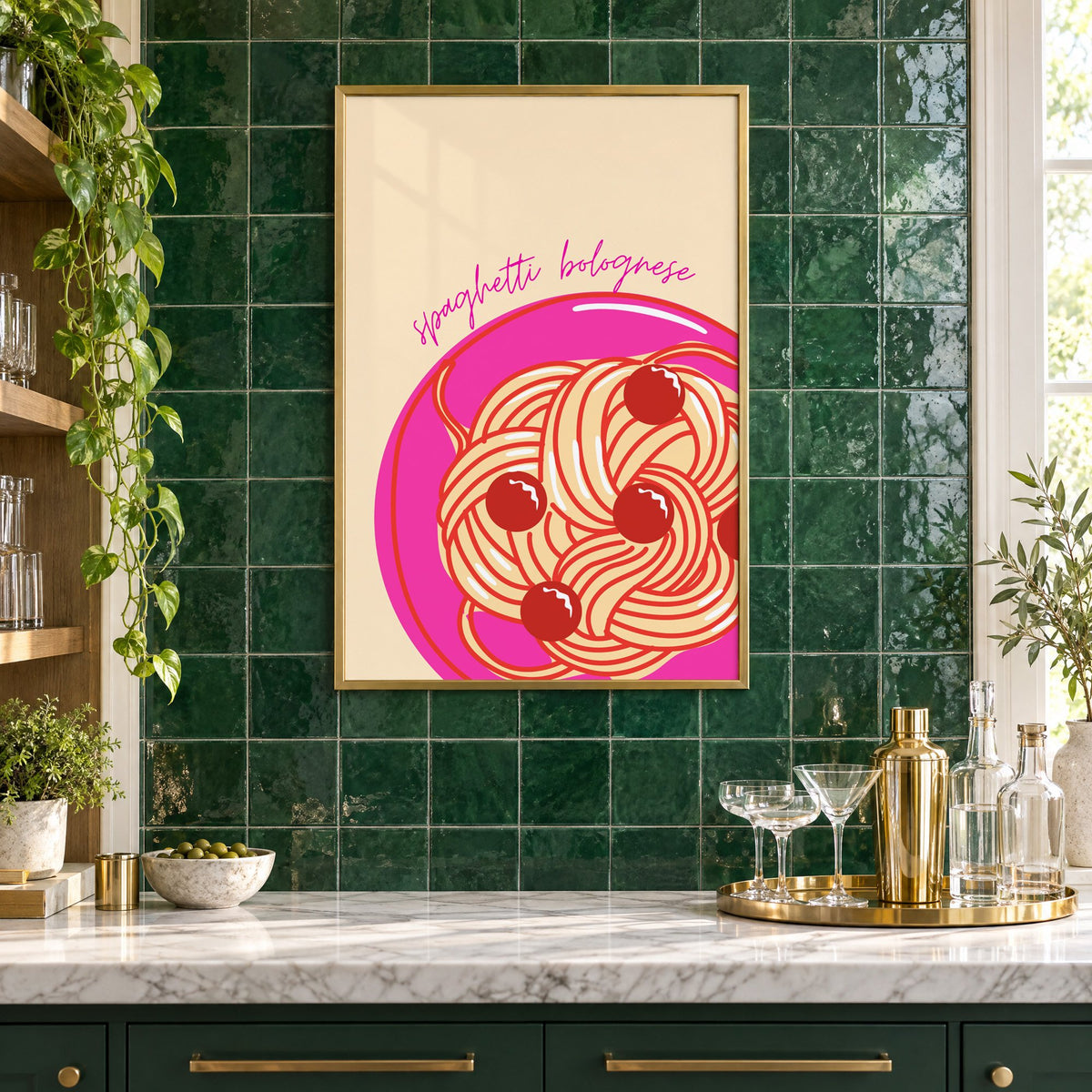 Spaghetti bolognese pink plate print in a brass frame on emerald green tiles above a home bar with coupe glasses