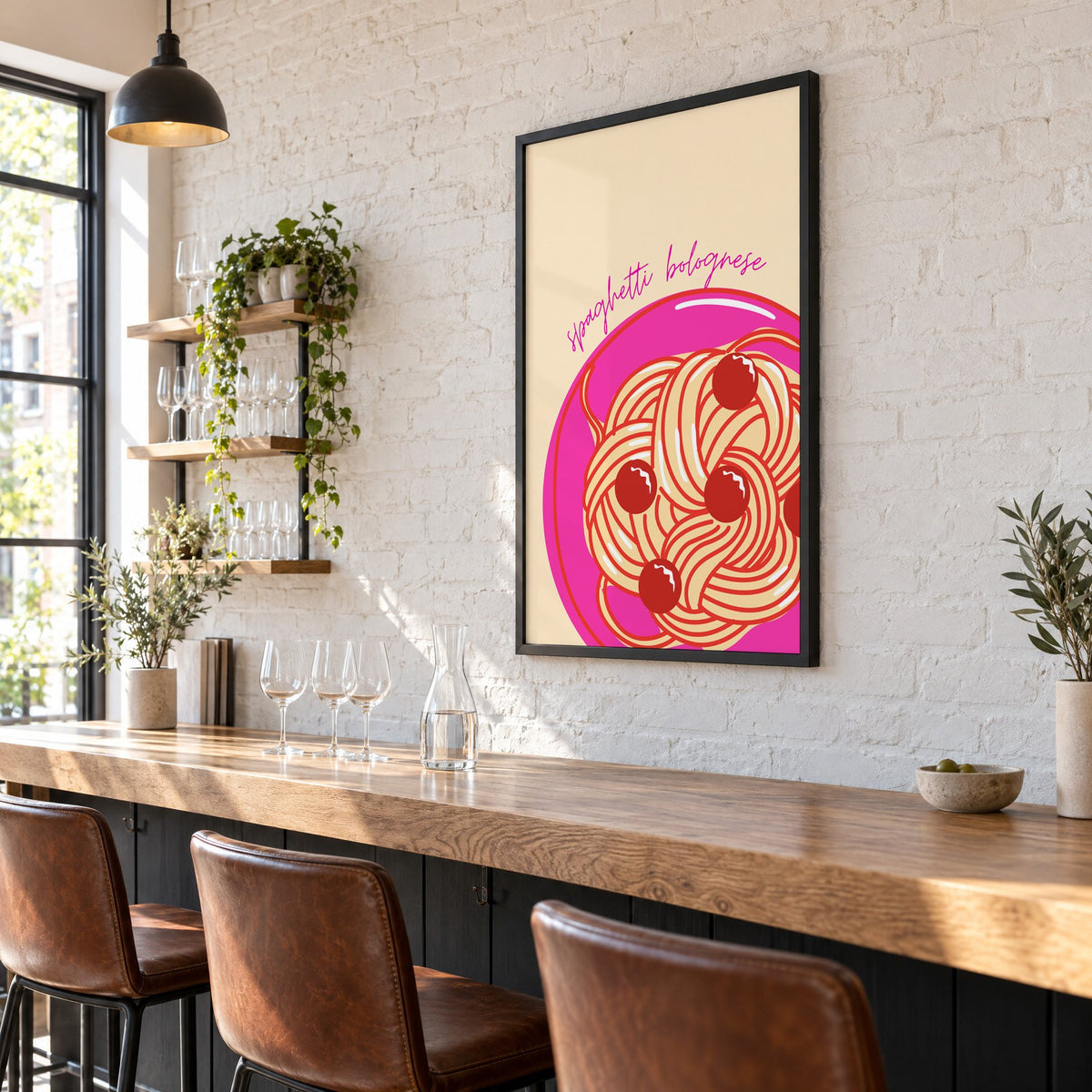 Spaghetti bolognese pink plate print in a black frame on a white brick wall above a wine bar counter