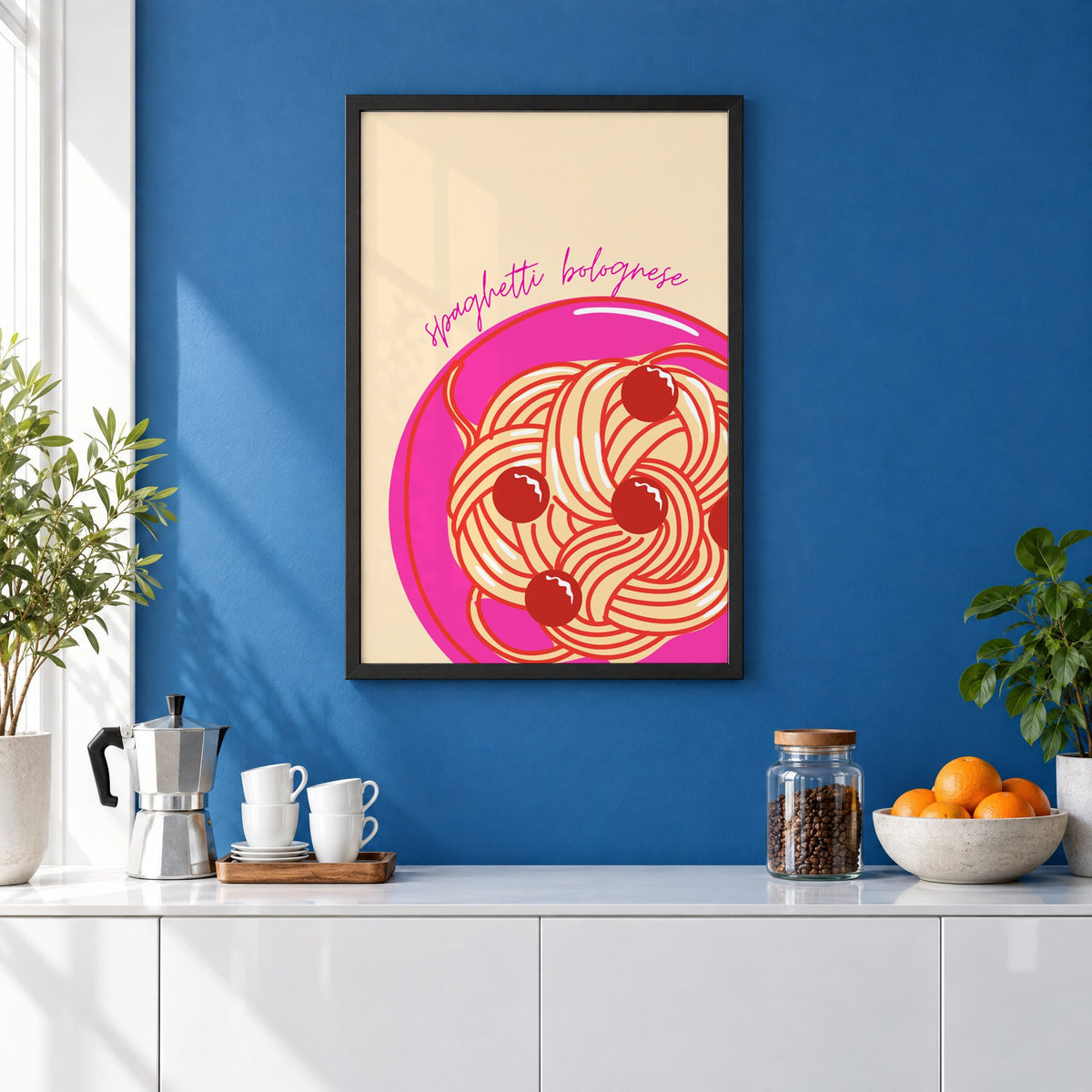 Spaghetti bolognese pink plate print in a black frame on a cobalt blue wall above a coffee station