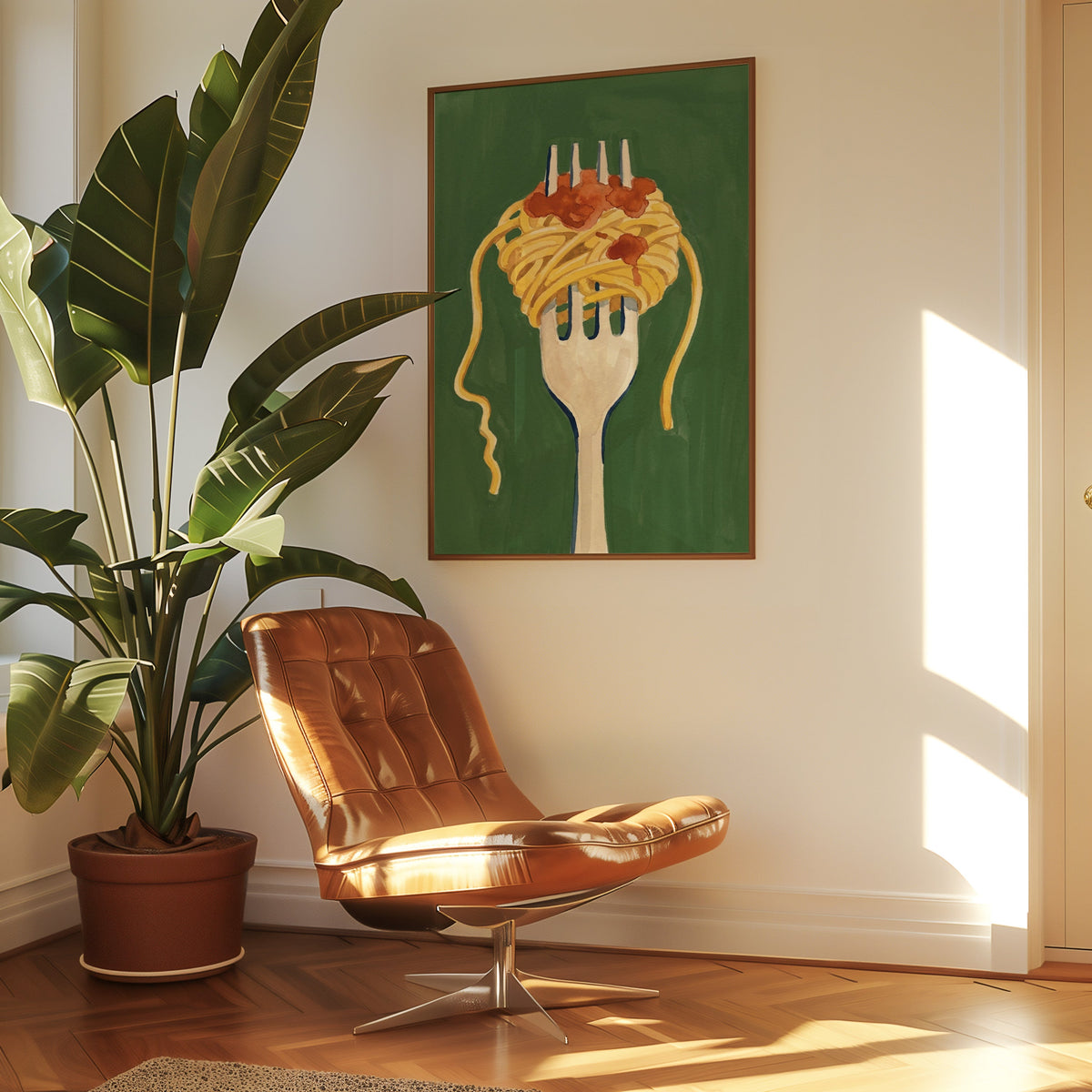 Watercolor pasta print in a slim walnut frame above a tan leather lounge chair