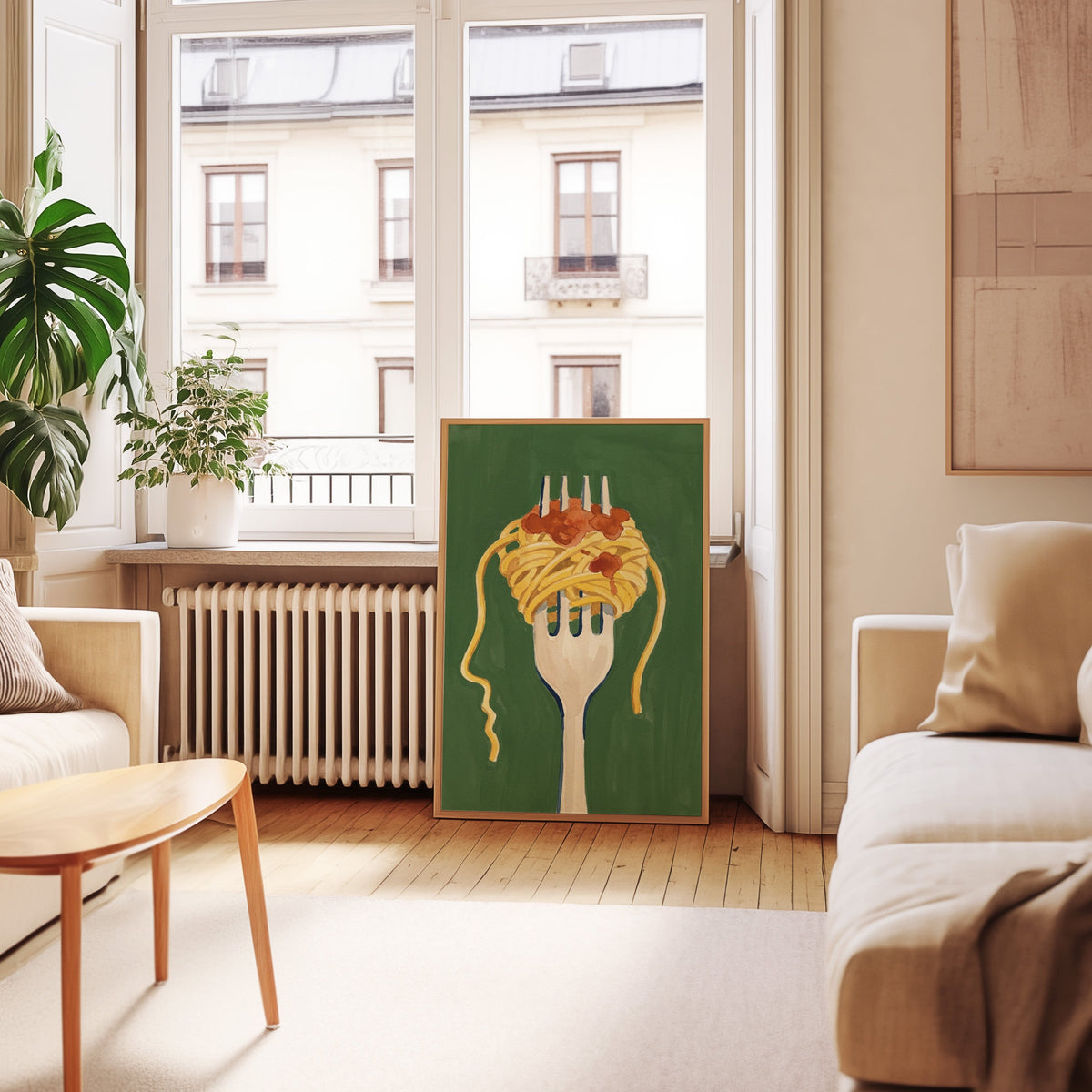 Italian kitchen spaghetti print in an oak frame leaning below tall French windows