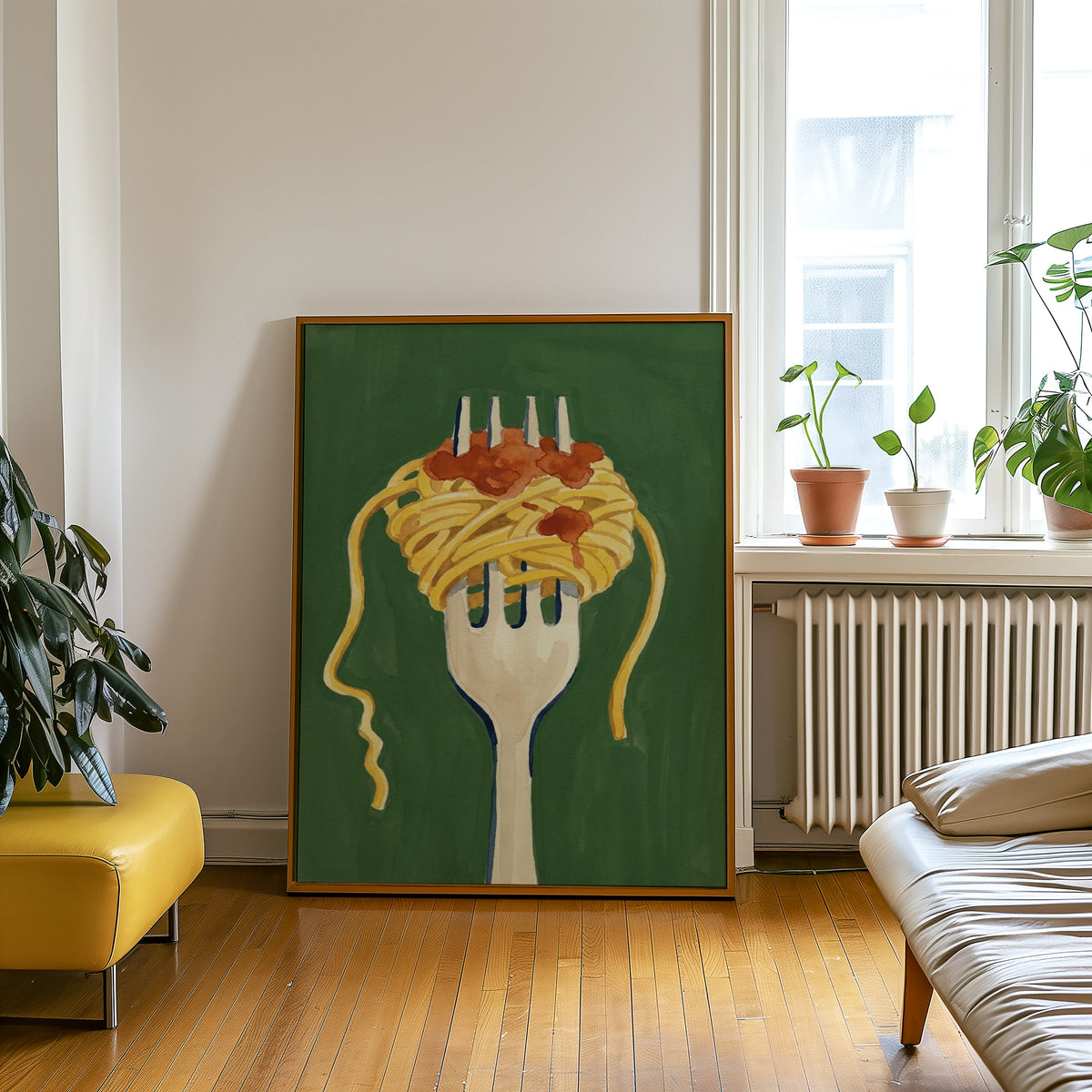 Spaghetti twirl print in an oak frame leaning beside a yellow leather bench