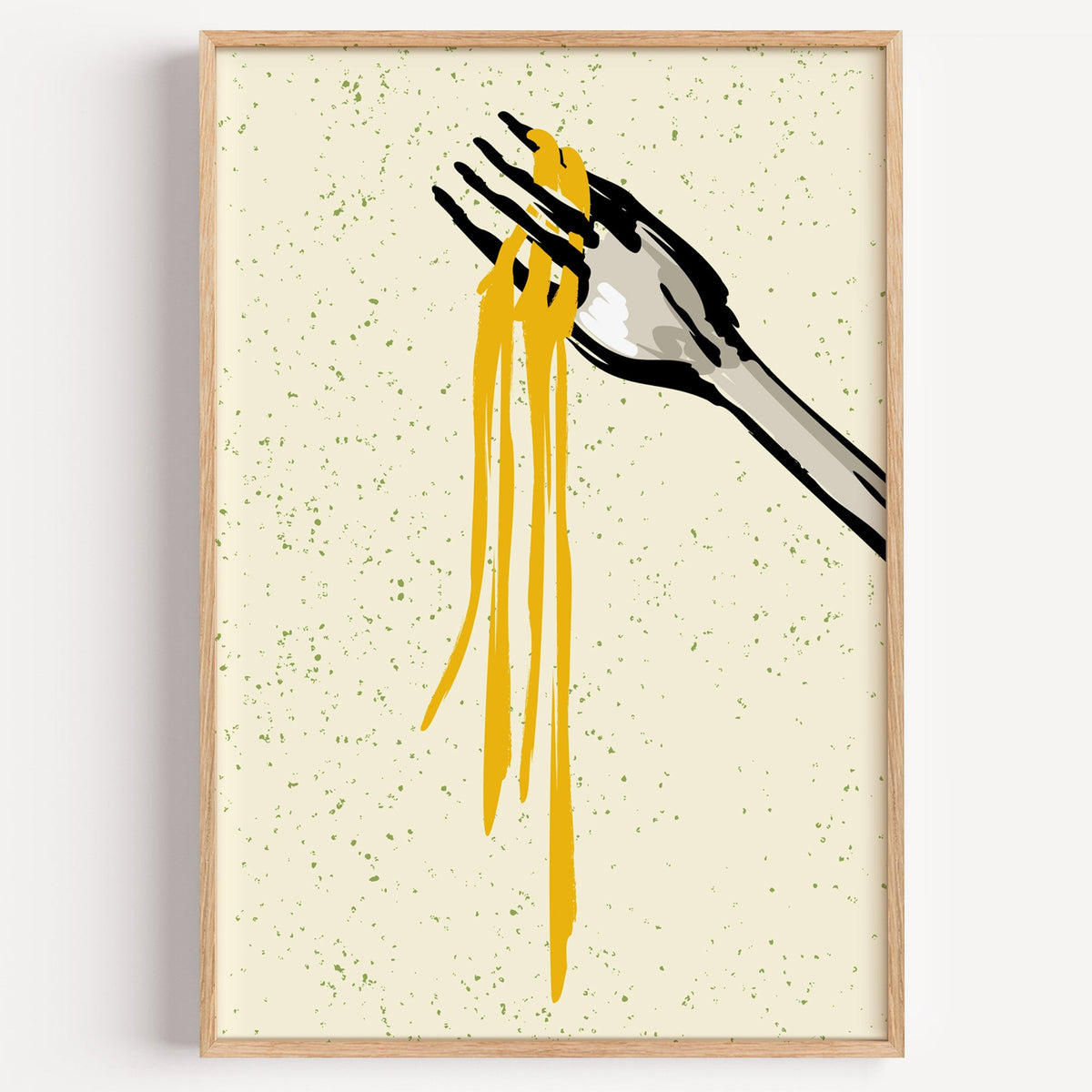 Spaghetti fork twirl print in a light oak frame on a plain white wall