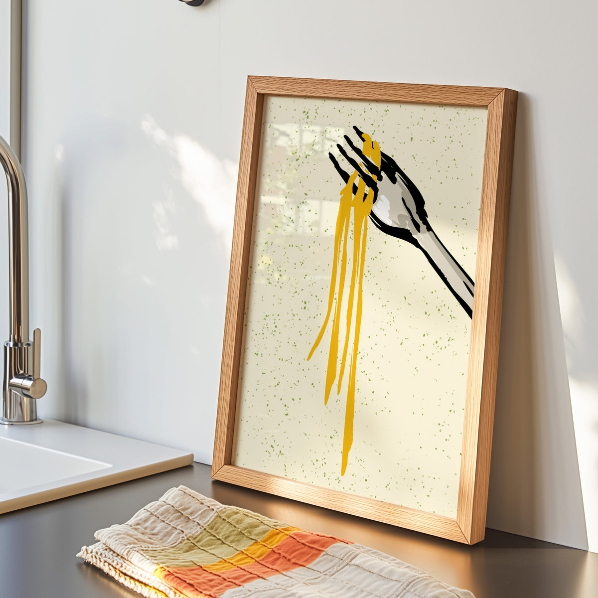 Spaghetti fork print in an oak frame by the kitchen sink beside a striped tea towel