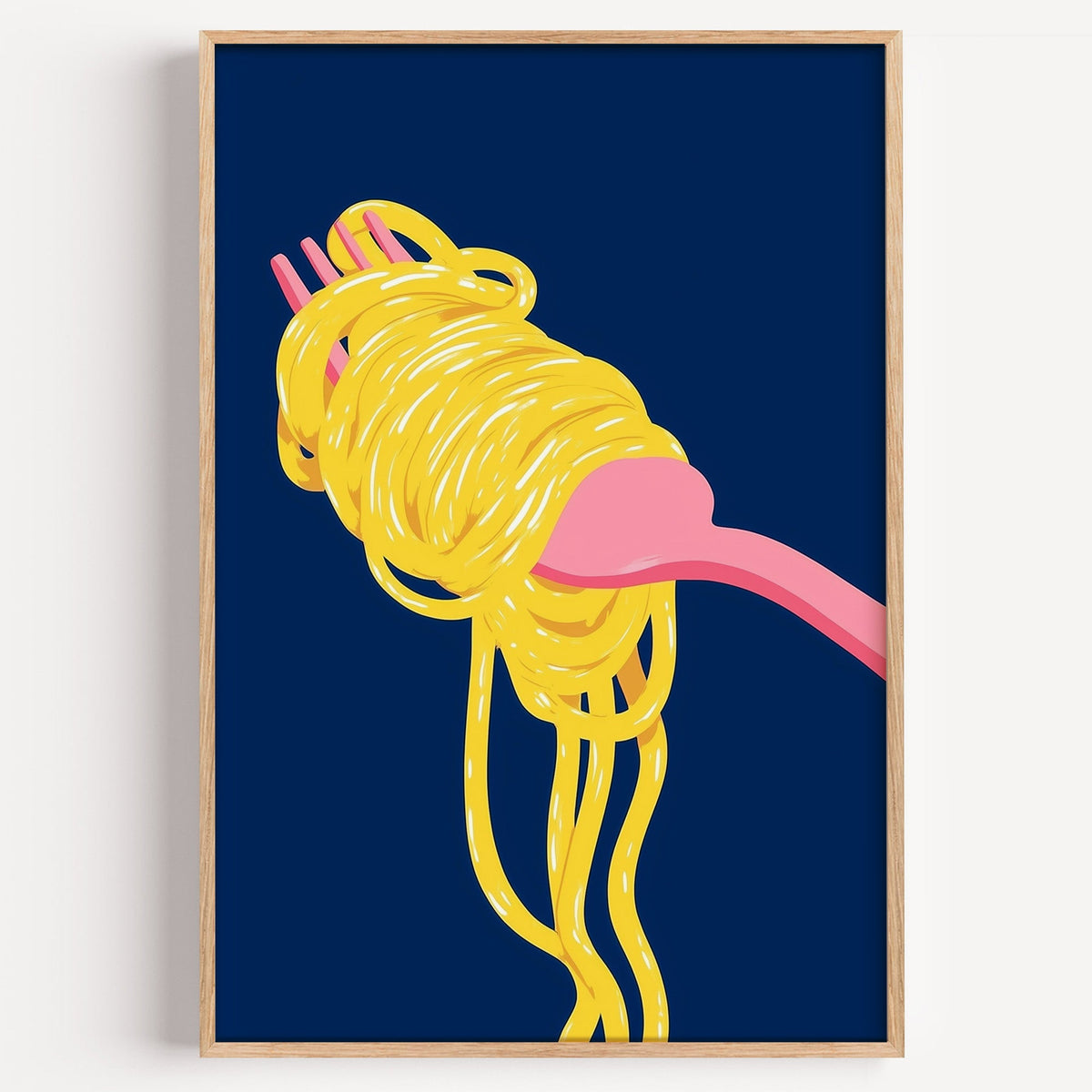 Spaghetti pink fork navy print in a light oak frame on a plain white wall