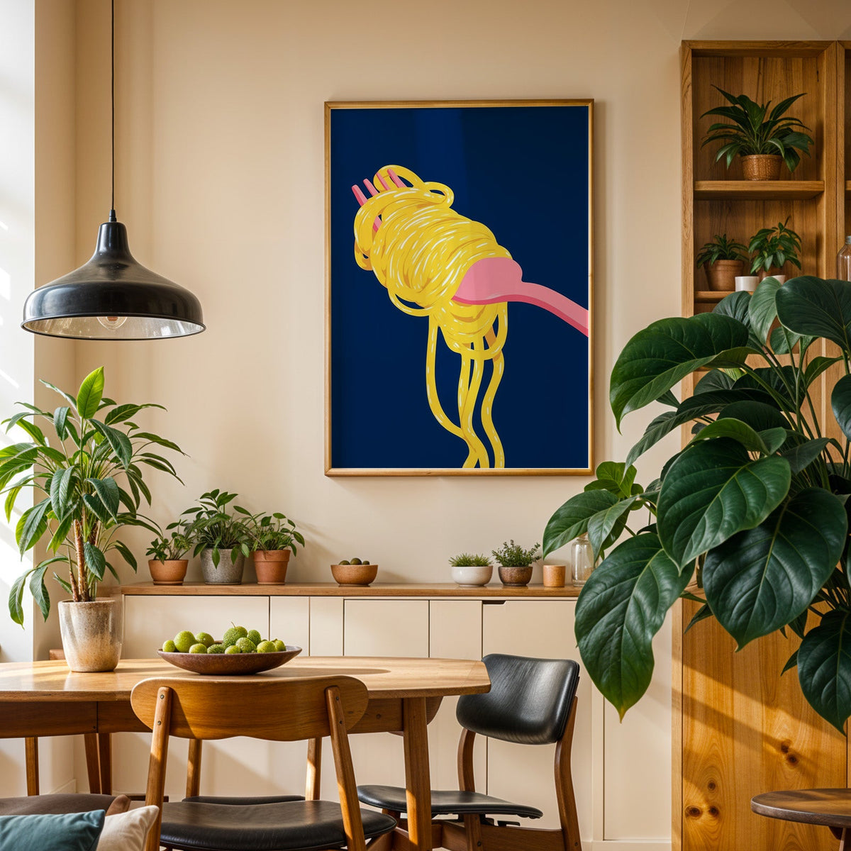 Spaghetti navy print in an oak frame in a dining room above a plant-lined sideboard