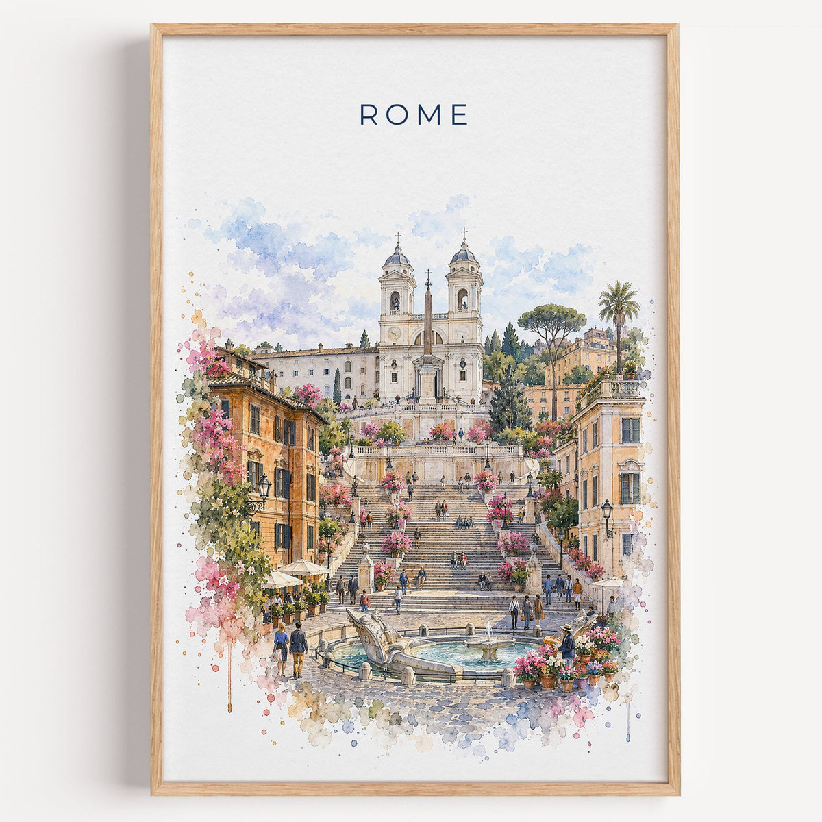Spanish Steps watercolor print in a light oak frame on a plain white wall