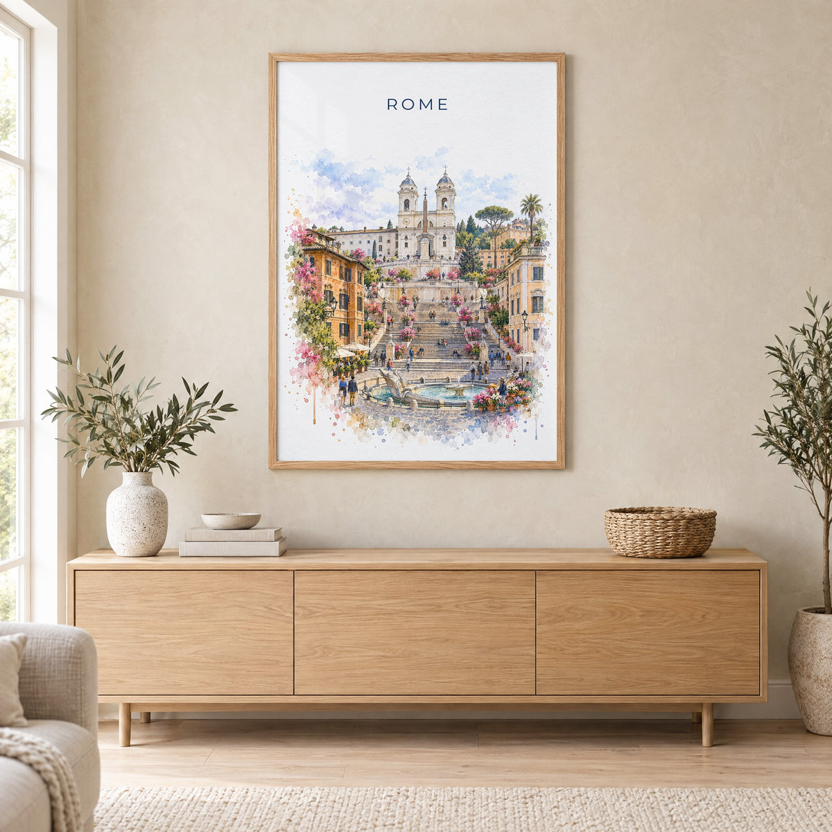Spanish Steps watercolor print in an oak frame above a light wood sideboard in a Scandinavian living room