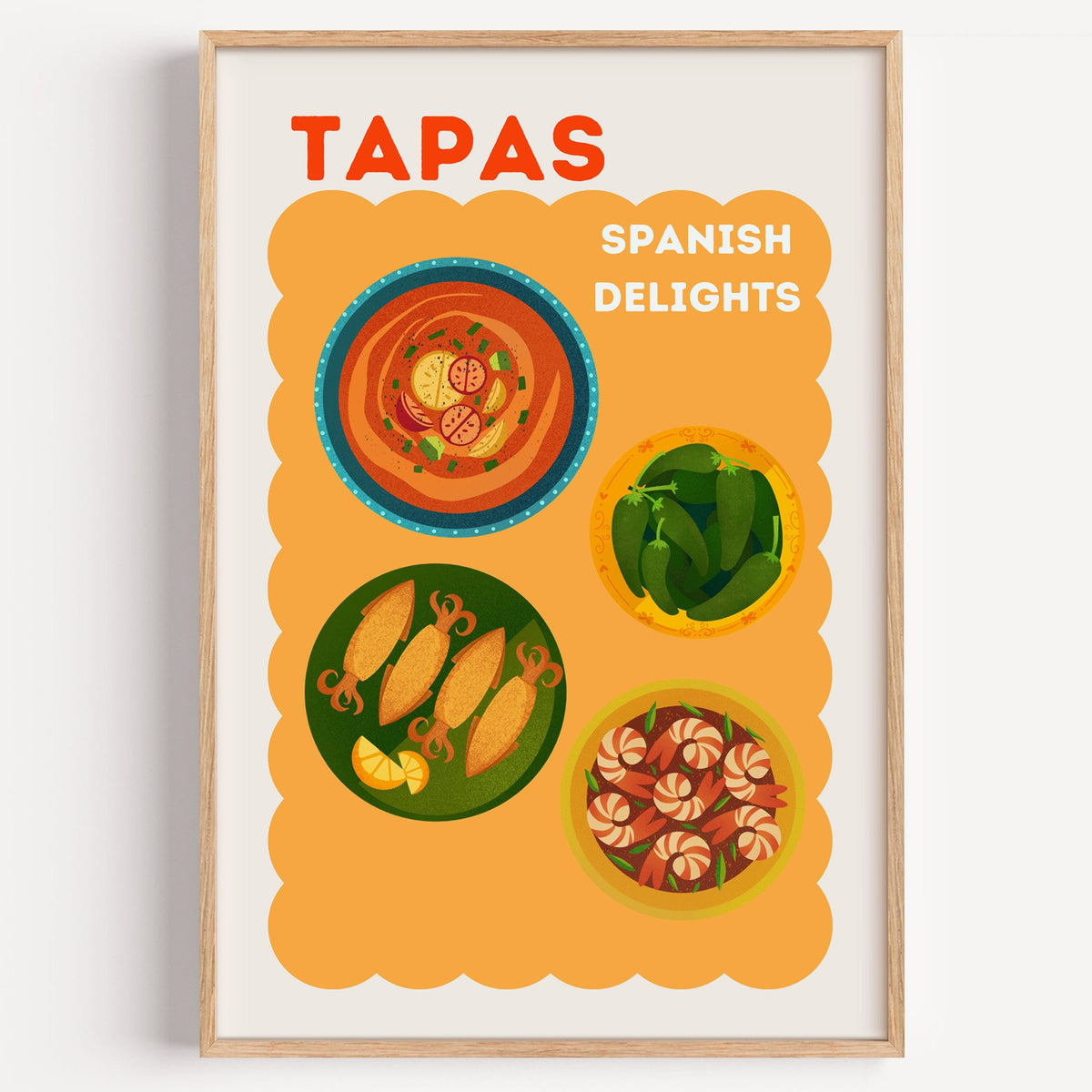 Spanish tapas four plates print in a light oak frame on a plain white wall