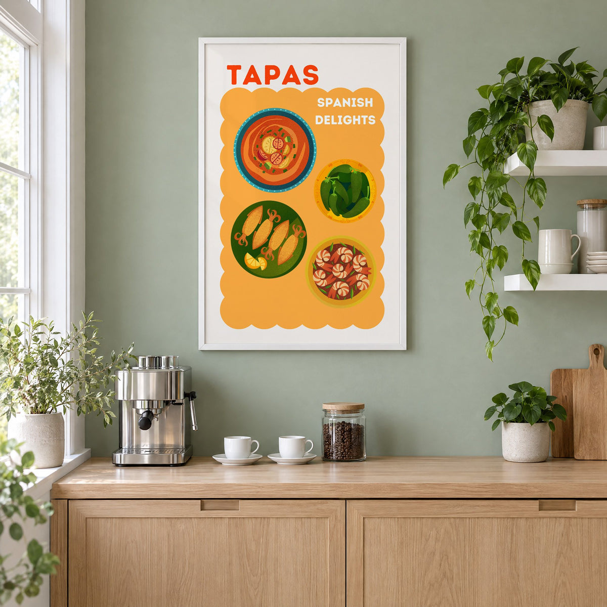 Spanish tapas four plates print in a white frame on a sage green coffee nook wall above an espresso machine