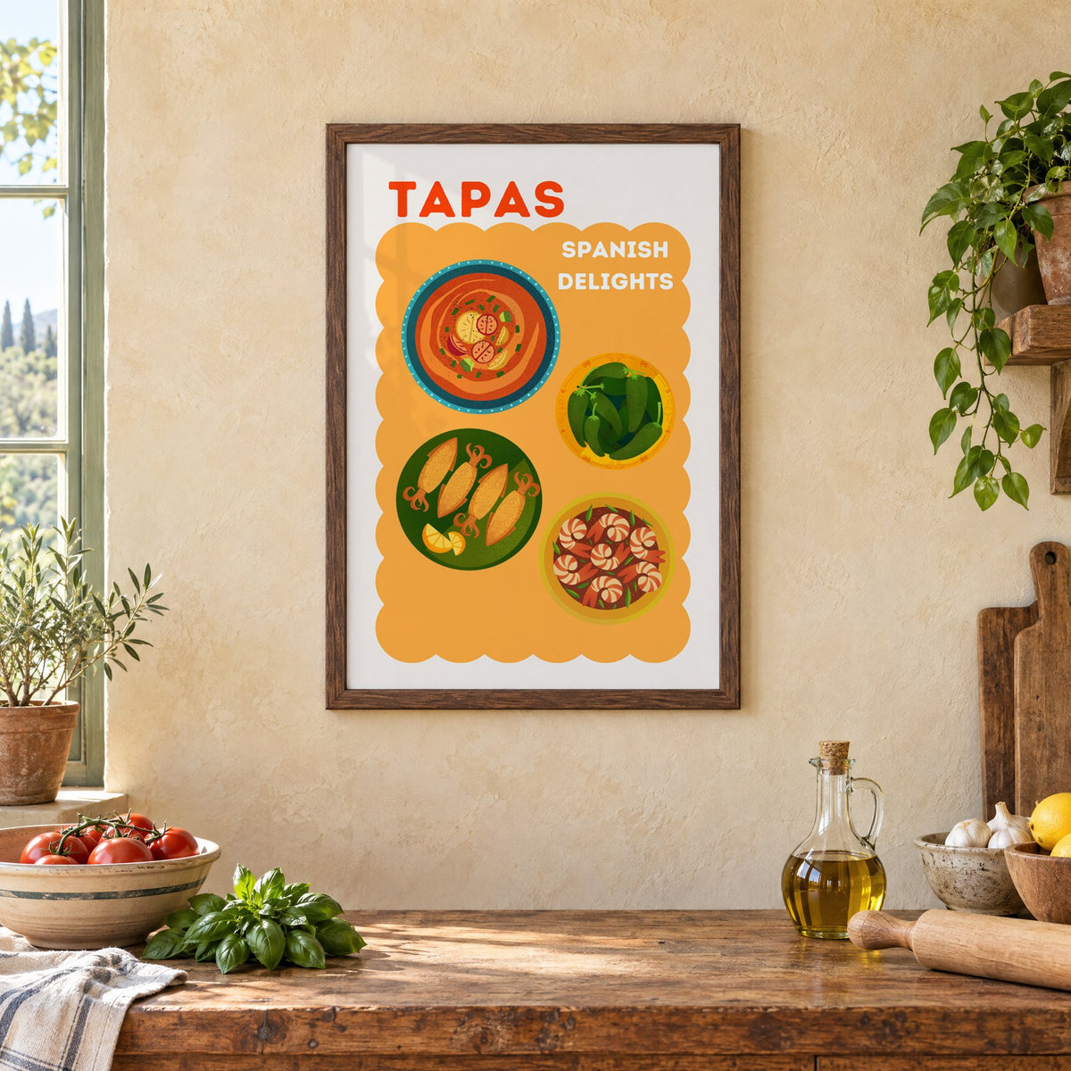 Spanish tapas four plates print in a walnut frame above a rustic Italian kitchen table with tomatoes