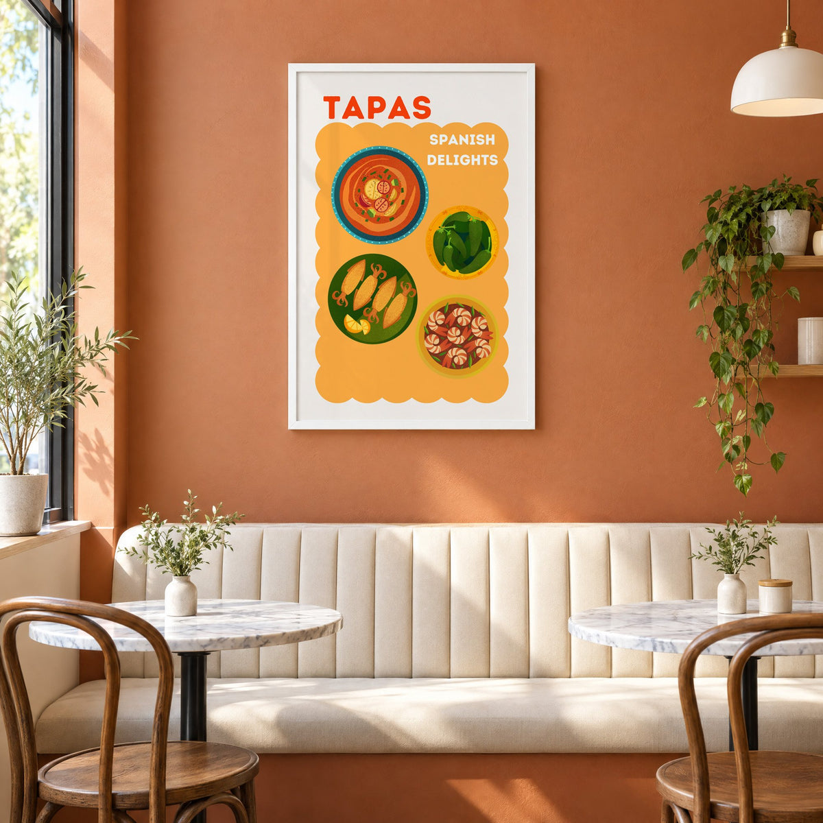 Spanish tapas four plates print in a white frame above a cream banquette on a terracotta cafe wall