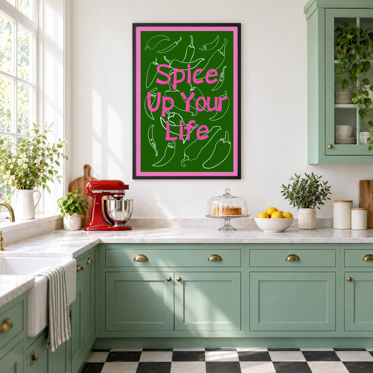 Spice Up Your Life green chilli print in a black frame in a mint green retro kitchen above a red stand mixer