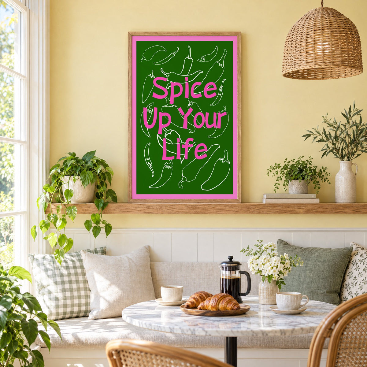 Spice Up Your Life green chilli print in an oak frame on a picture ledge above a sunny breakfast nook