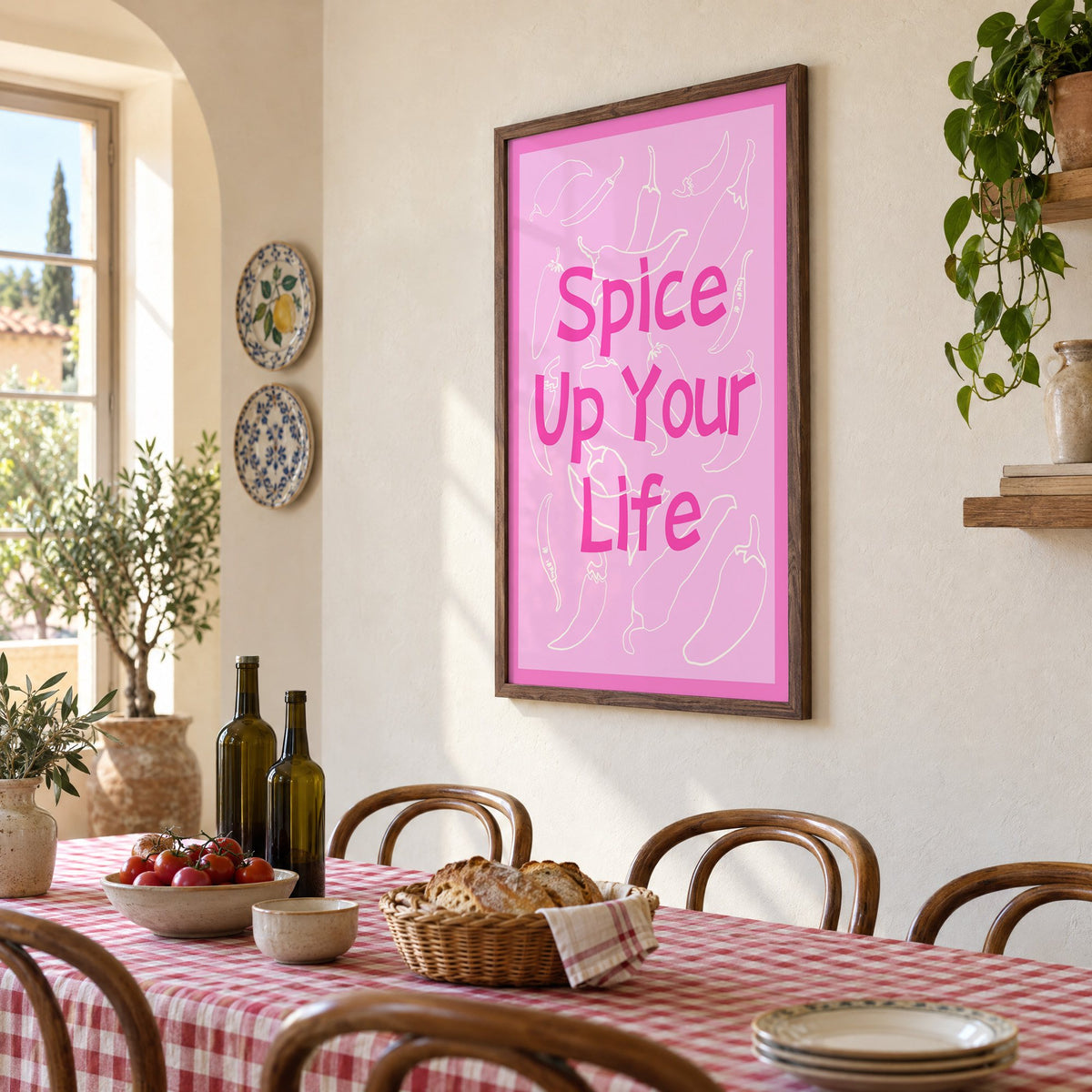 Spice Up Your Life pink chilli print in a walnut frame above a gingham-covered trattoria table, seen at an angle