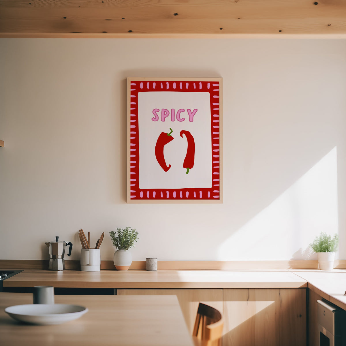 Spicy chilli print in an oak frame above a wood counter with a moka pot and herbs