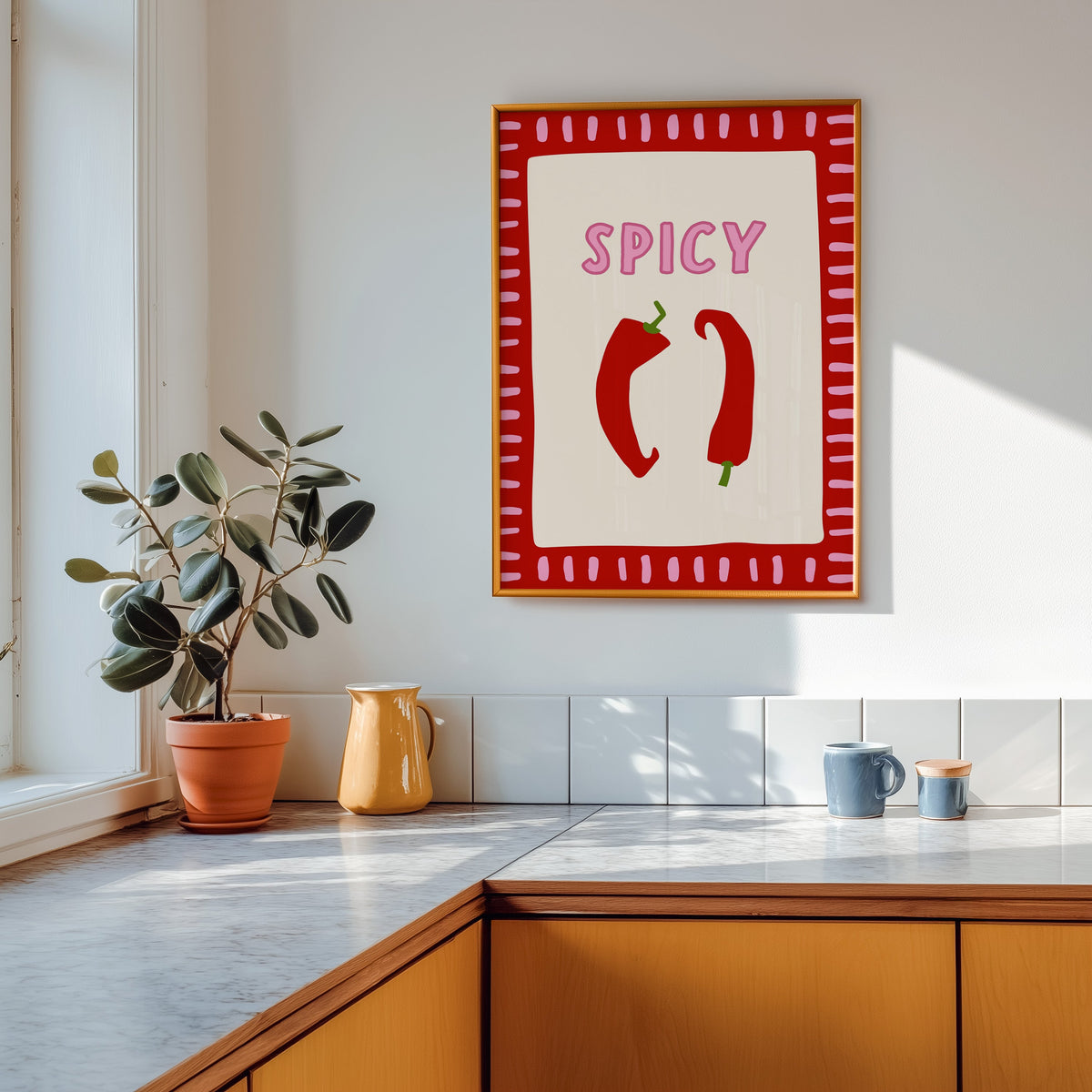 Spicy chilli print shown in a gold frame above a marble counter with a yellow ceramic jug