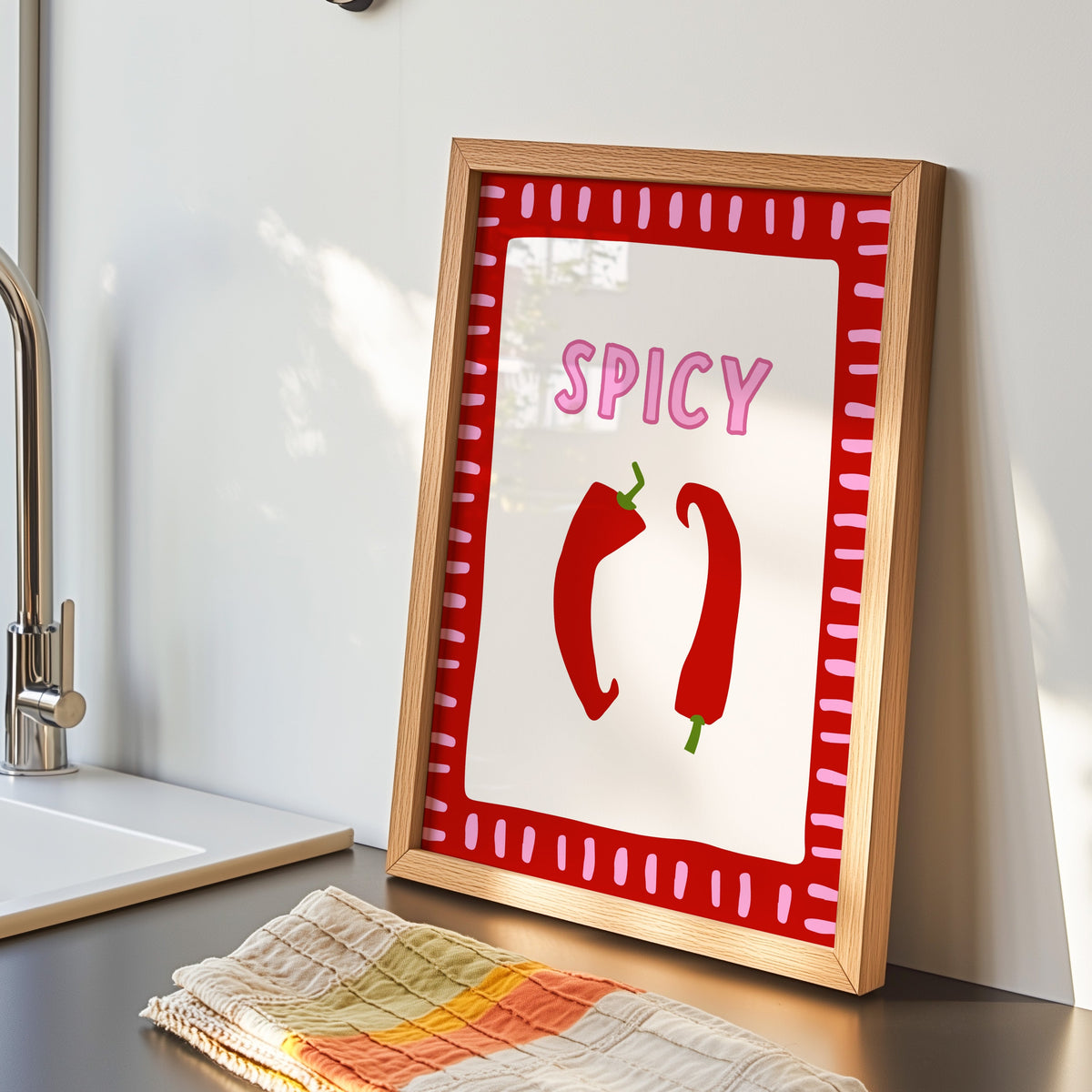 Spicy chilli print in an oak frame by the kitchen sink beside a striped tea towel