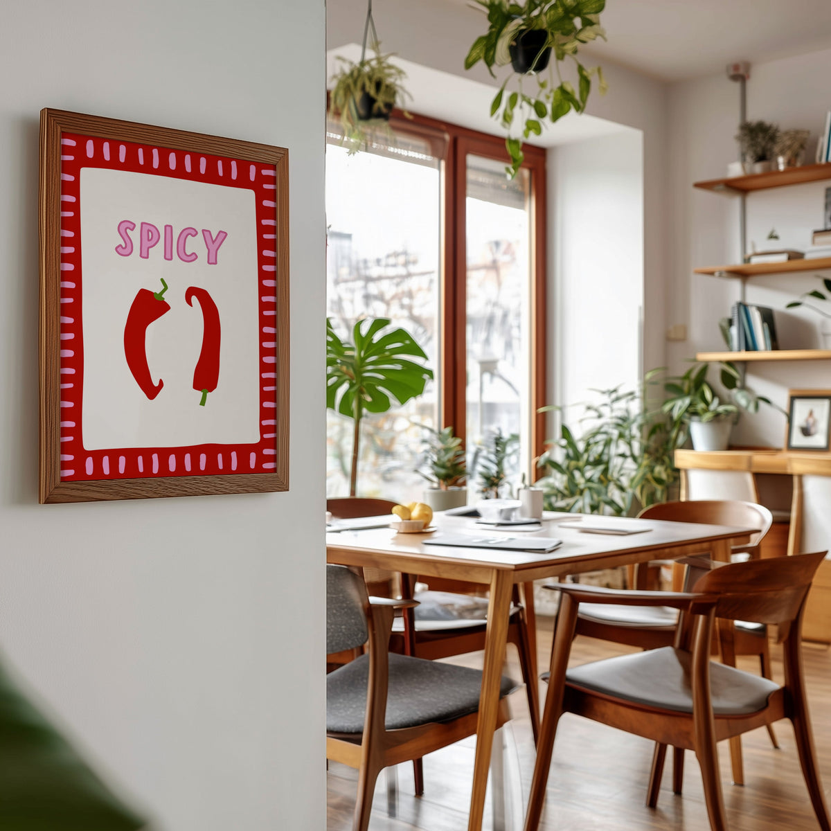 Spicy chilli print in a walnut frame beside a mid-century dining table