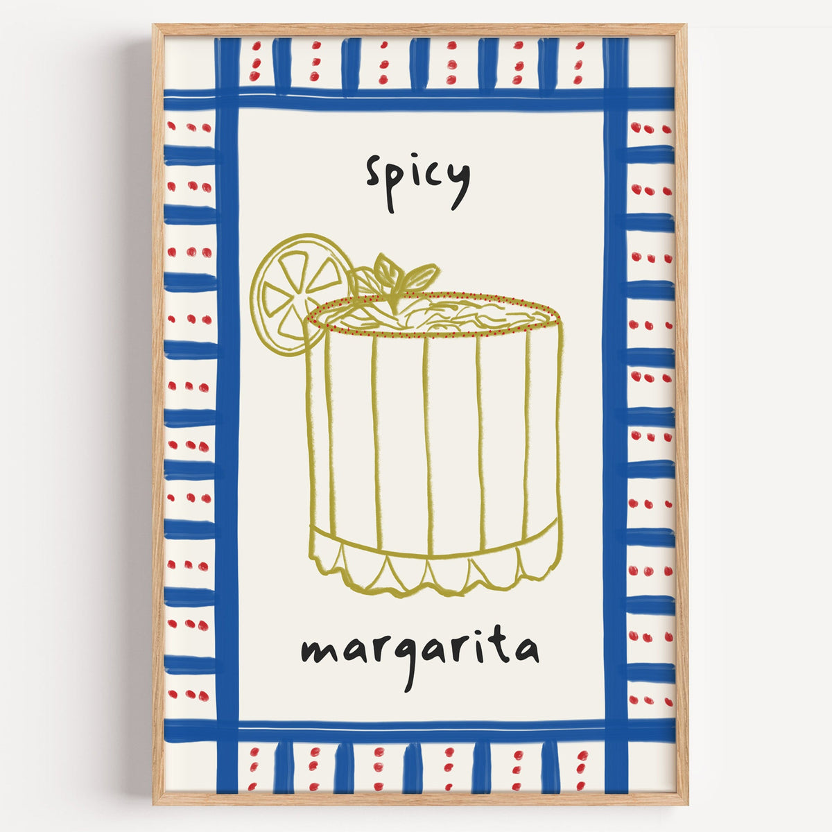 Spicy margarita gingham print in a light oak frame on a plain white wall