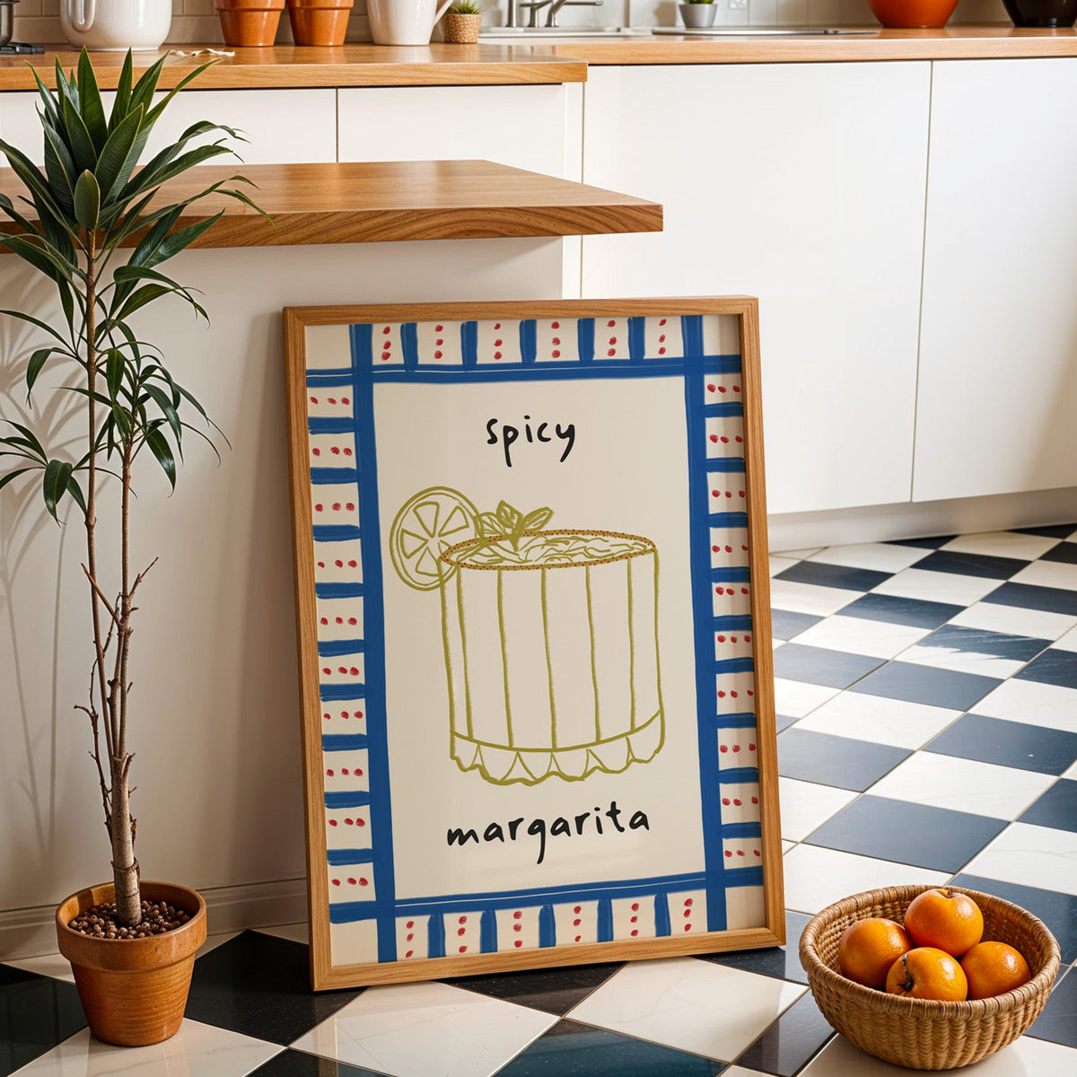 Spicy margarita gingham print in an oak frame by a kitchen island and checkered floor