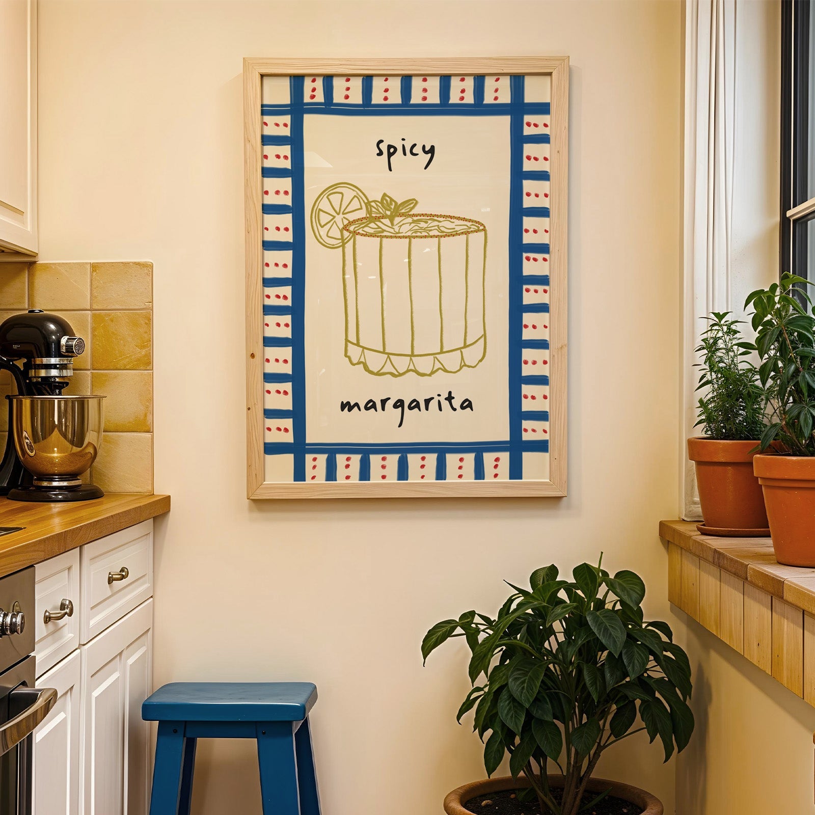 Spicy margarita gingham print in a wood frame on a yellow tiled kitchen wall