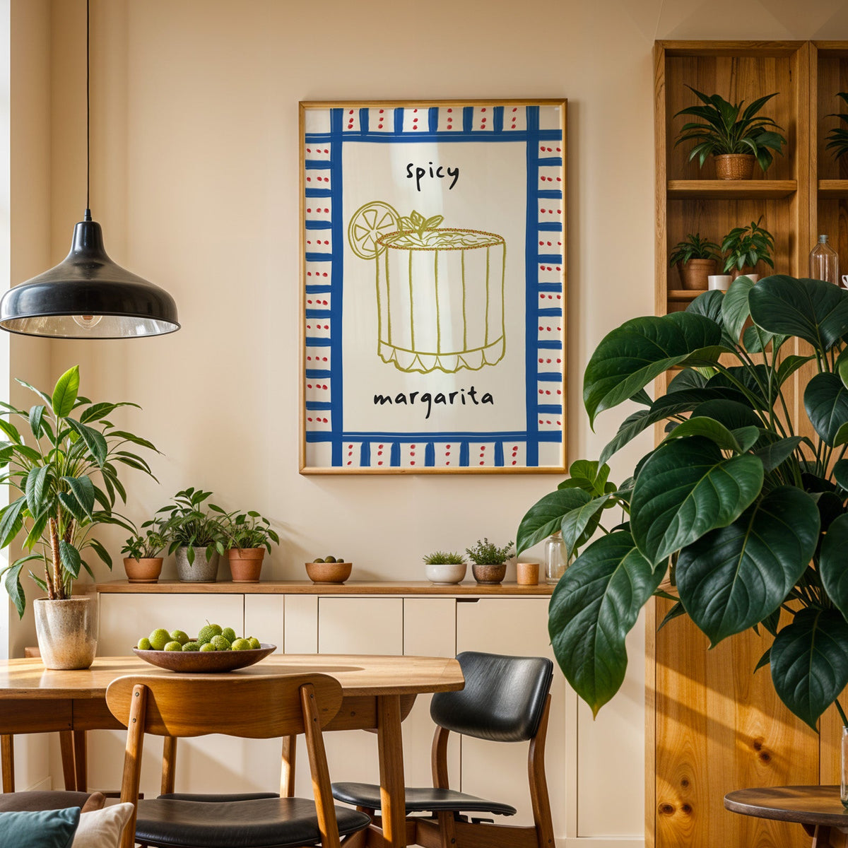 Spicy margarita gingham print in an oak frame above a sideboard in a dining room