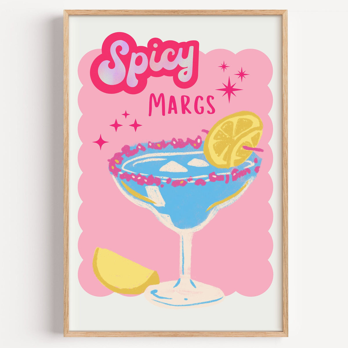 Spicy Margs blue margarita print in a light oak frame on a plain white wall