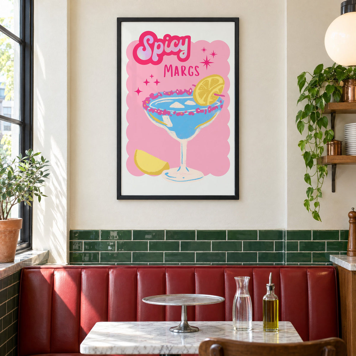 Spicy Margs blue margarita print in a black frame above a red leather booth in a sunny pizzeria