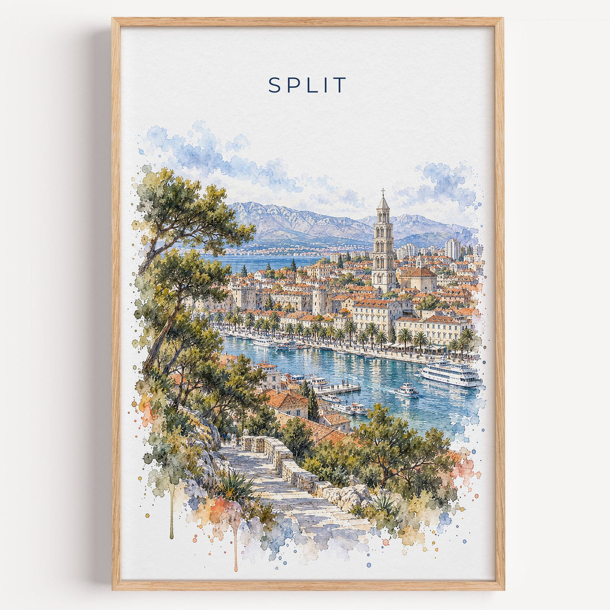 Split, Croatia watercolor print in a light oak frame on a plain white wall