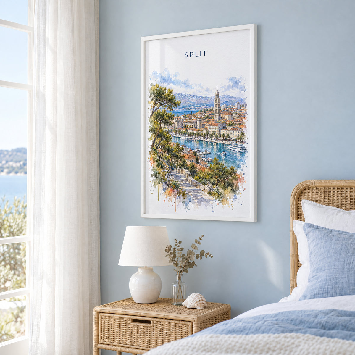 Split, Croatia watercolor print in a white frame on a pale blue wall beside a rattan bed in a coastal bedroom