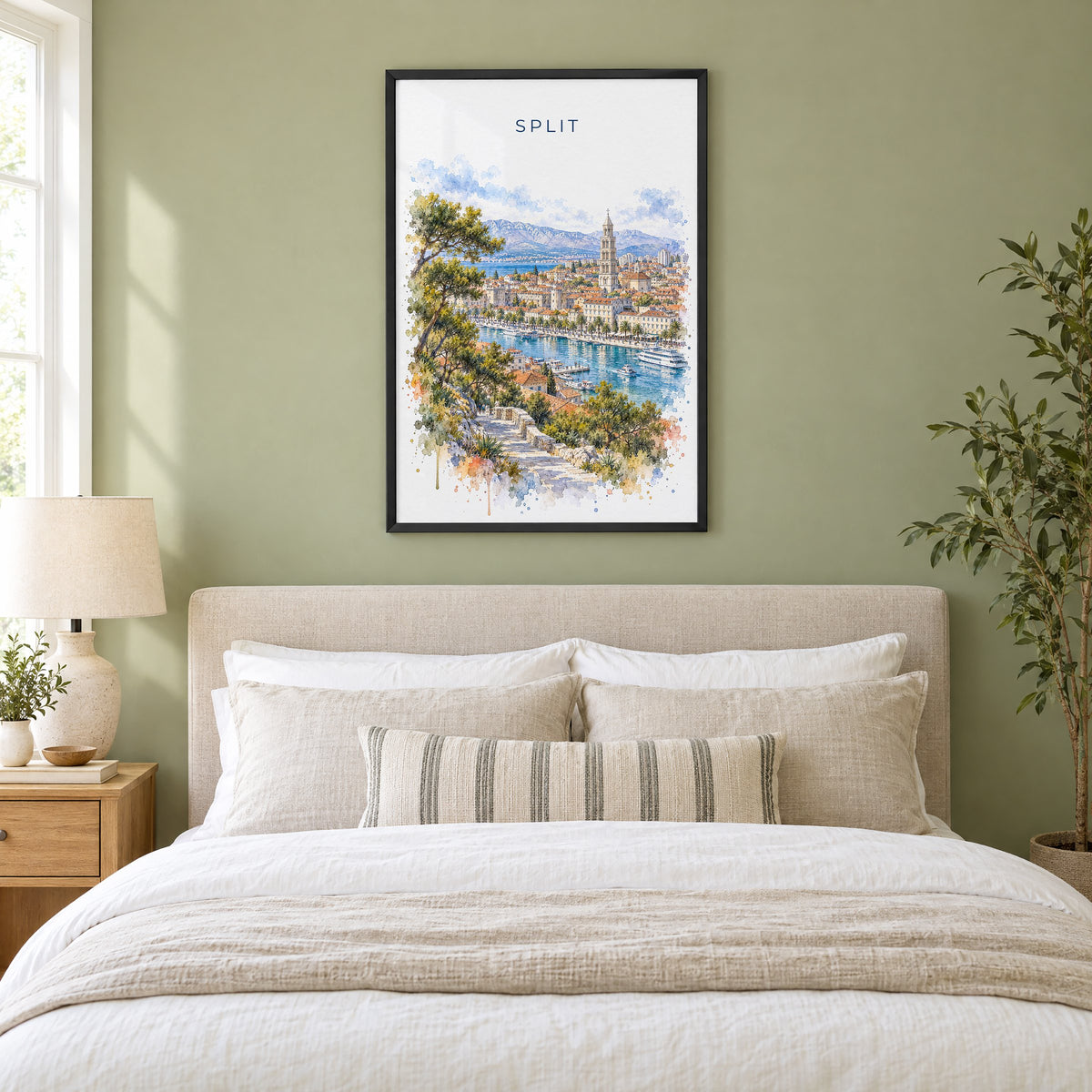 Split, Croatia watercolor print in a black frame above an upholstered headboard in a sage green bedroom