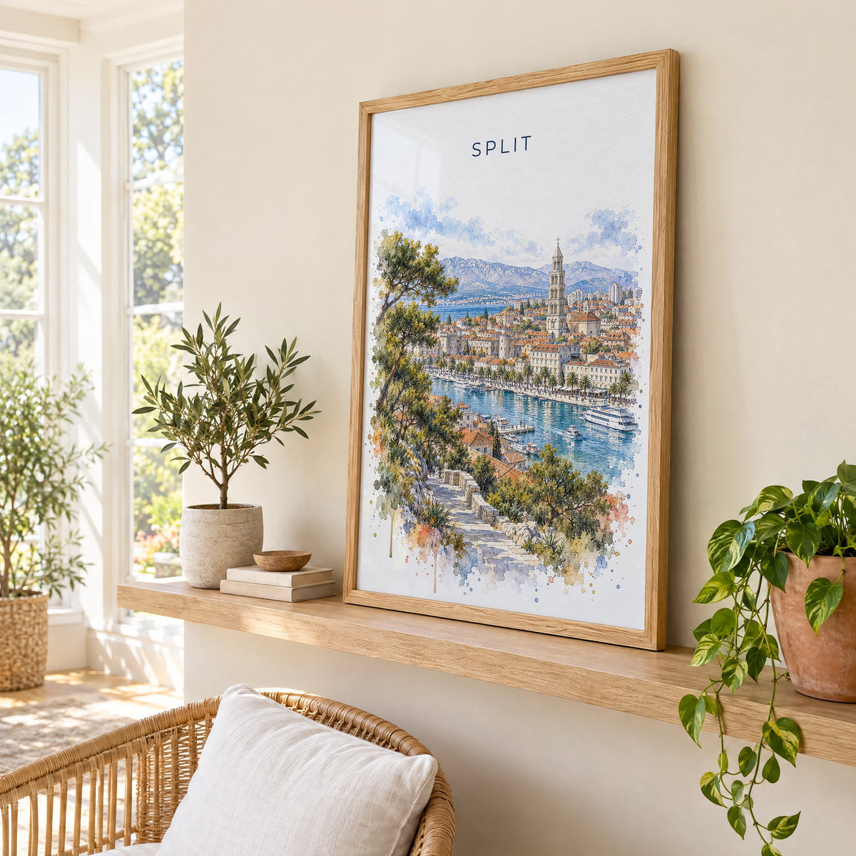Split, Croatia watercolor print in an oak frame on a picture ledge in a sunlit sunroom