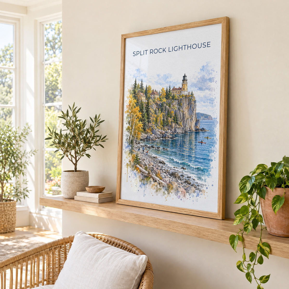 Split Rock Lighthouse watercolor print in an oak frame on a picture ledge in a sunlit sunroom