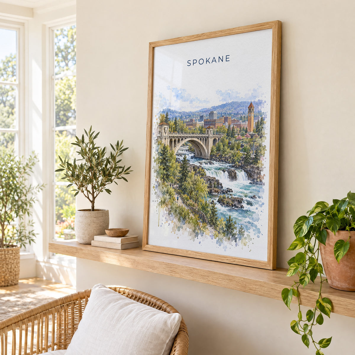 Spokane watercolor print in an oak frame on a picture ledge in a sunlit sunroom