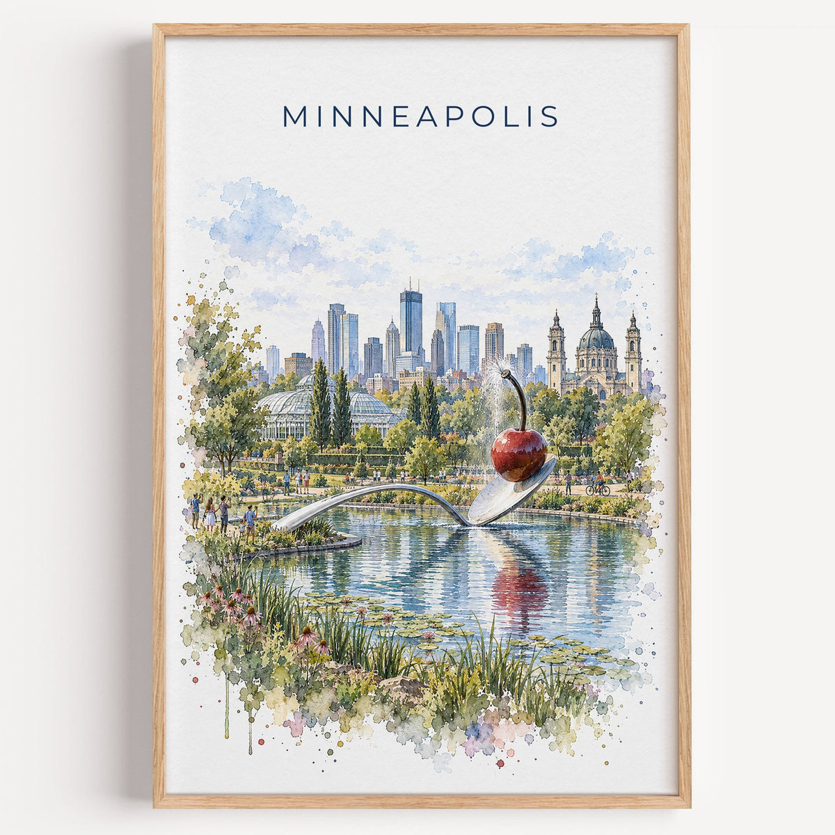 Spoonbridge and Cherry watercolor print in a light oak frame on a plain white wall