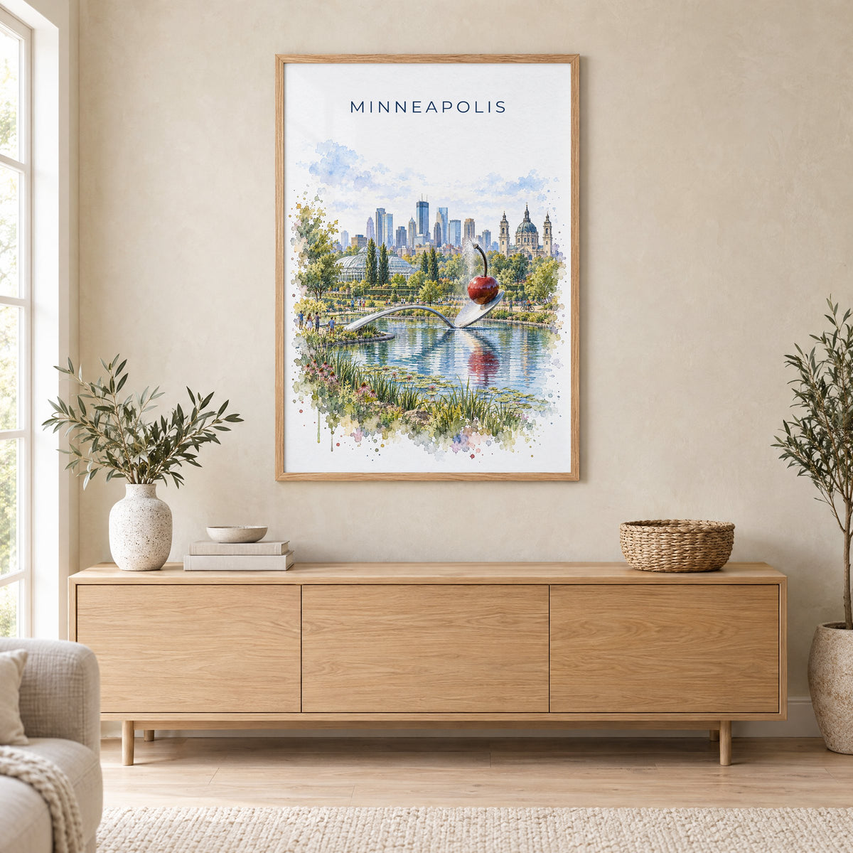 Spoonbridge and Cherry watercolor print in an oak frame above a light wood sideboard in a Scandinavian living room