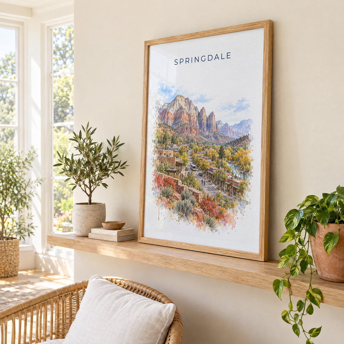 Springdale, Utah watercolor print in an oak frame on a picture ledge in a sunlit sunroom