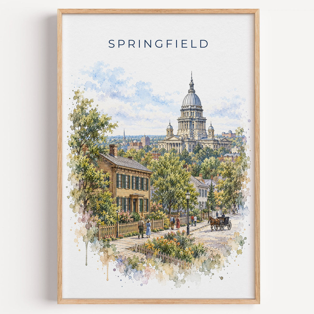 Springfield, Illinois watercolor print in a light oak frame on a plain white wall