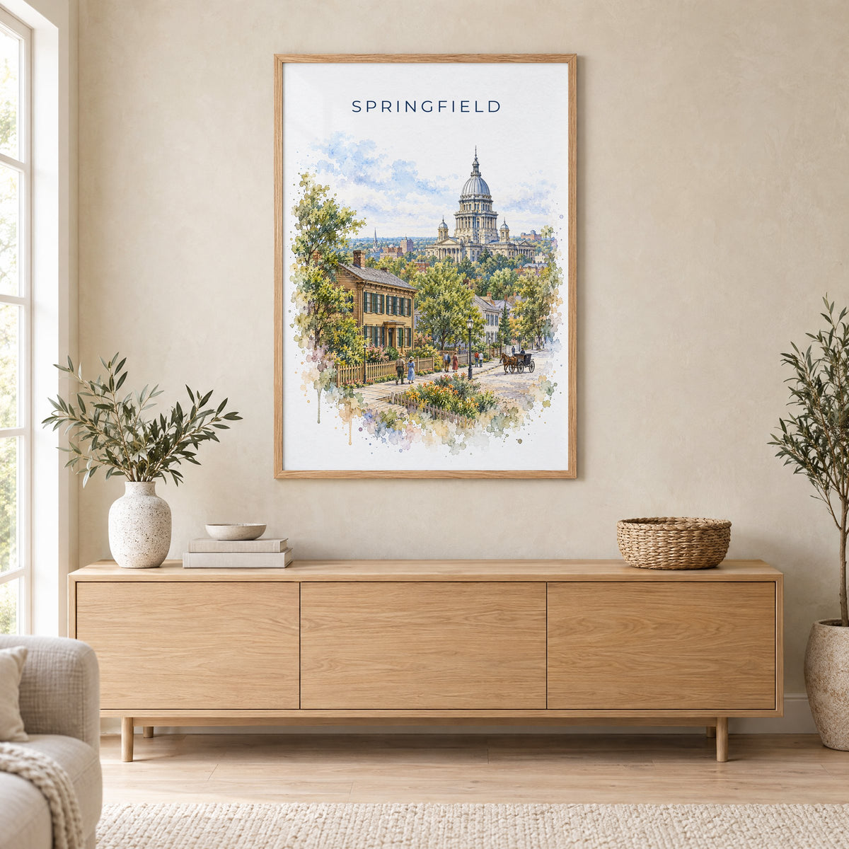 Springfield, Illinois watercolor print in an oak frame above a light wood sideboard in a Scandinavian living room