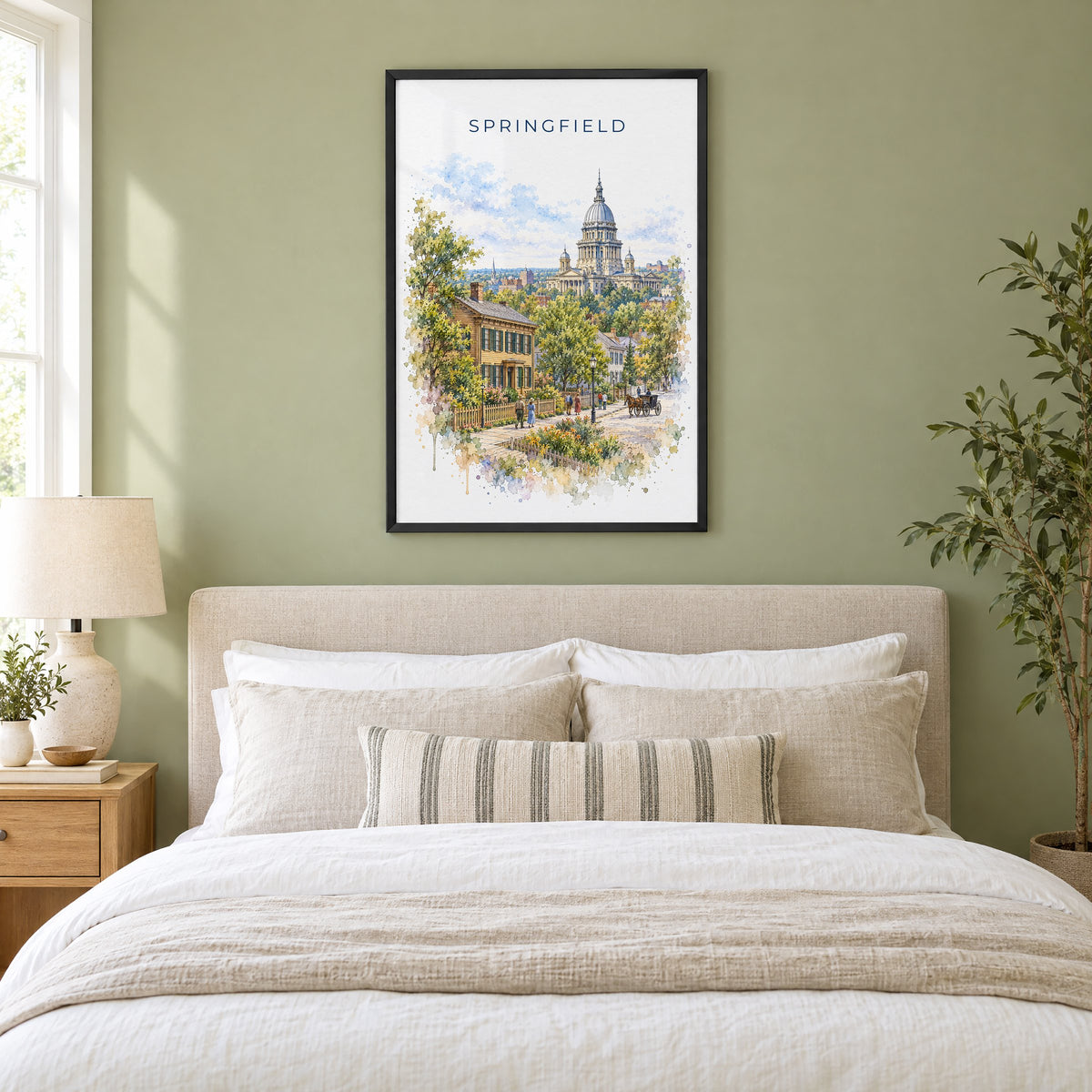 Springfield, Illinois watercolor print in a black frame above an upholstered headboard in a sage green bedroom