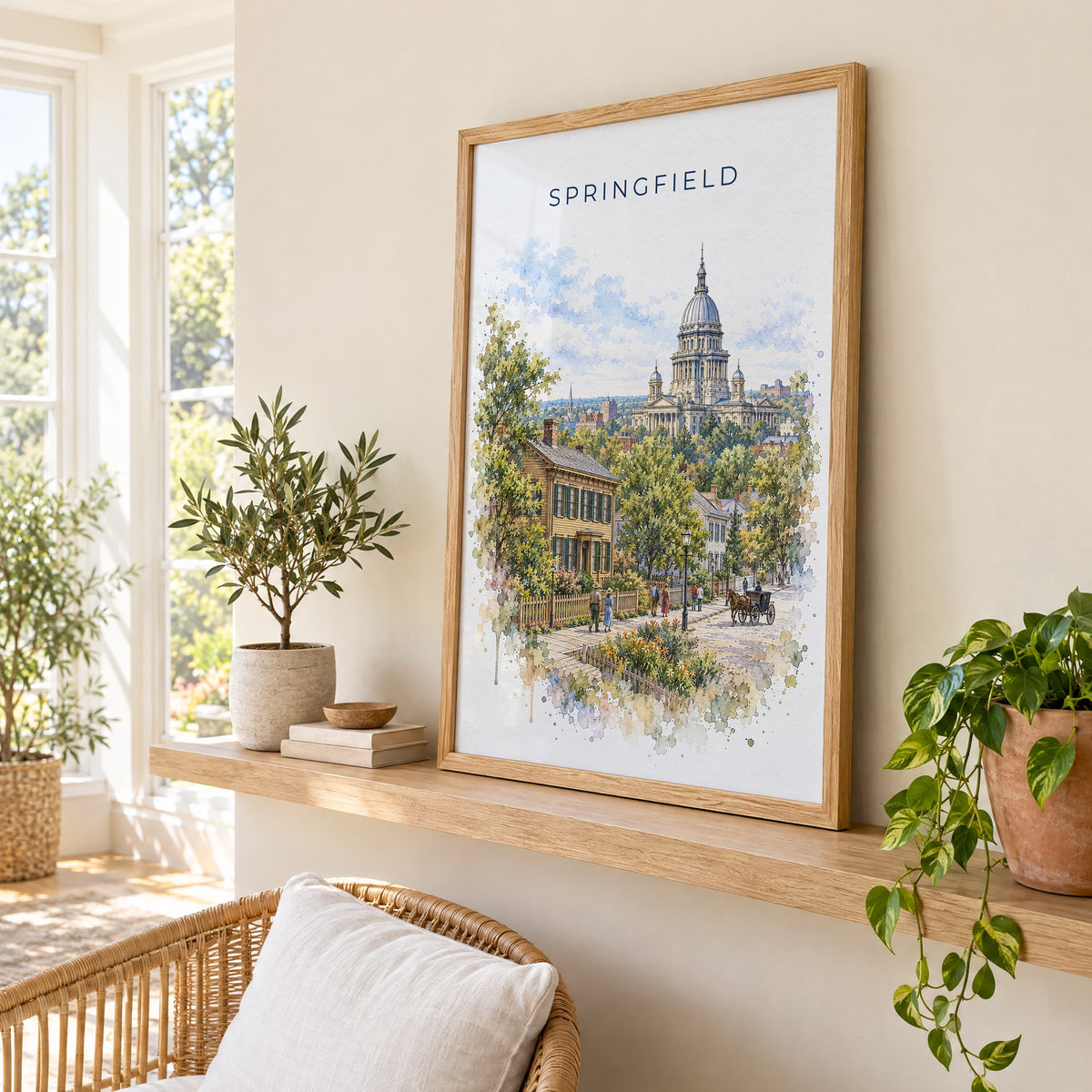 Springfield, Illinois watercolor print in an oak frame on a picture ledge in a sunlit sunroom