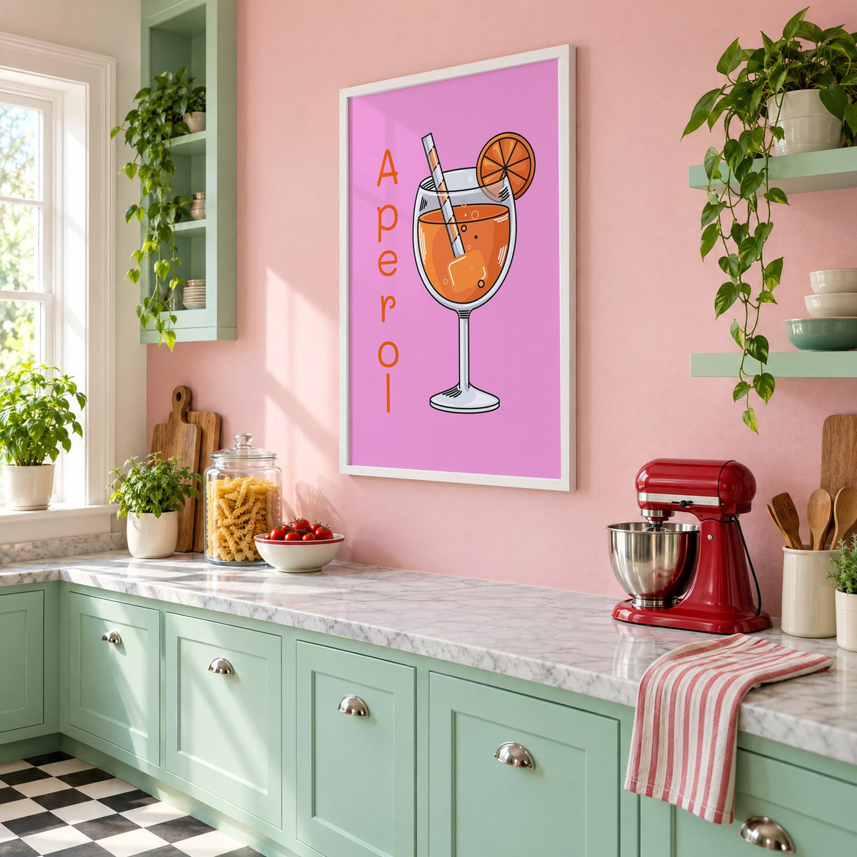 Orange spritz glass on pink print in a white frame on a pink wall above mint green cabinets in a retro kitchen, seen at an angle