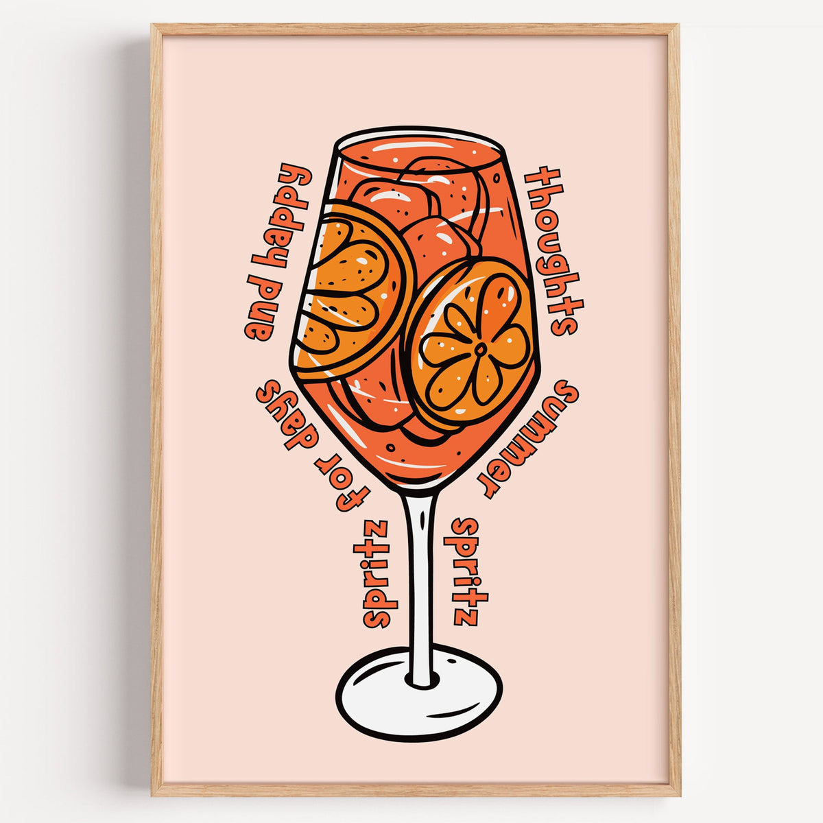 Spritz glass print in a light oak frame on a plain white wall