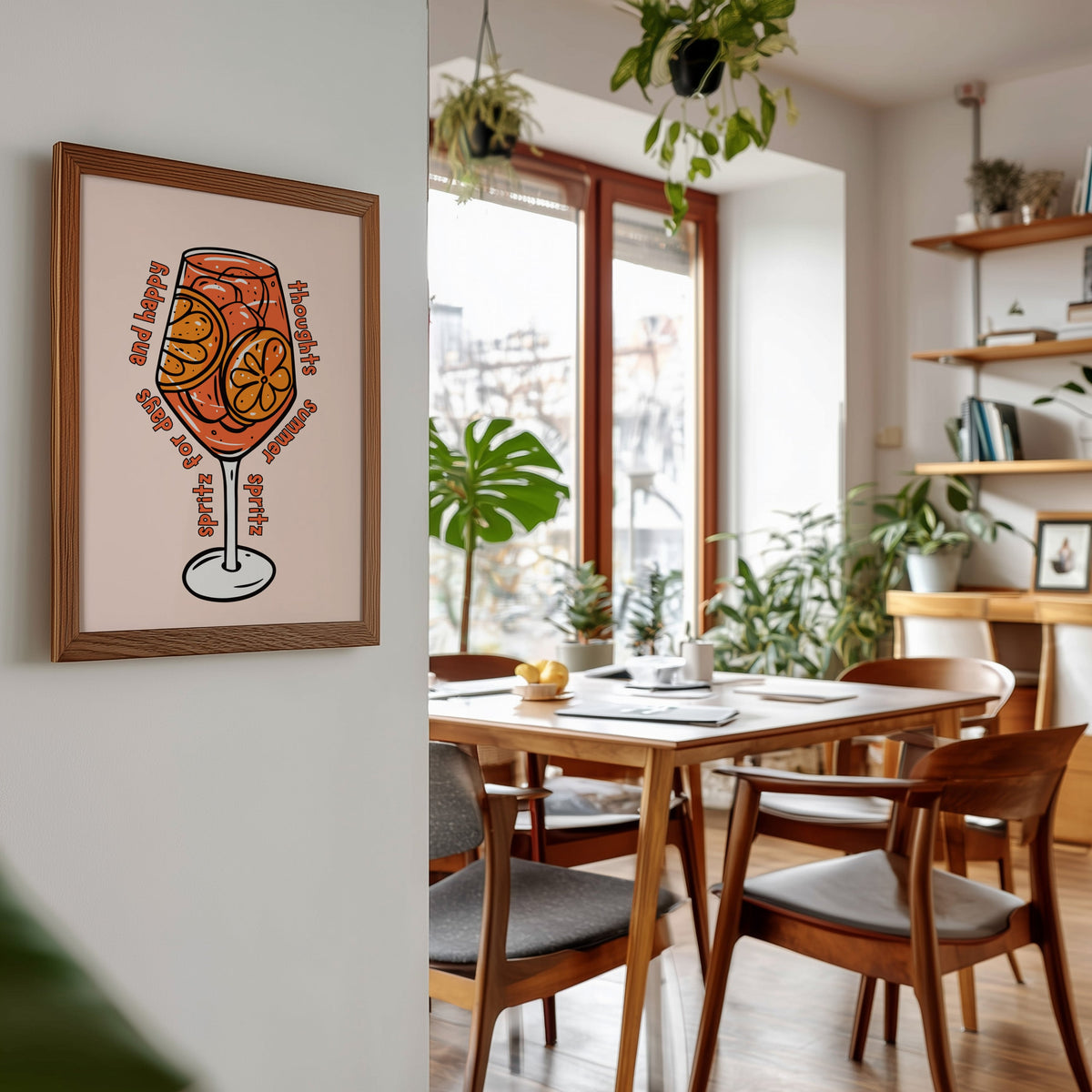 Spritz glass print in a walnut frame beside a mid-century dining table
