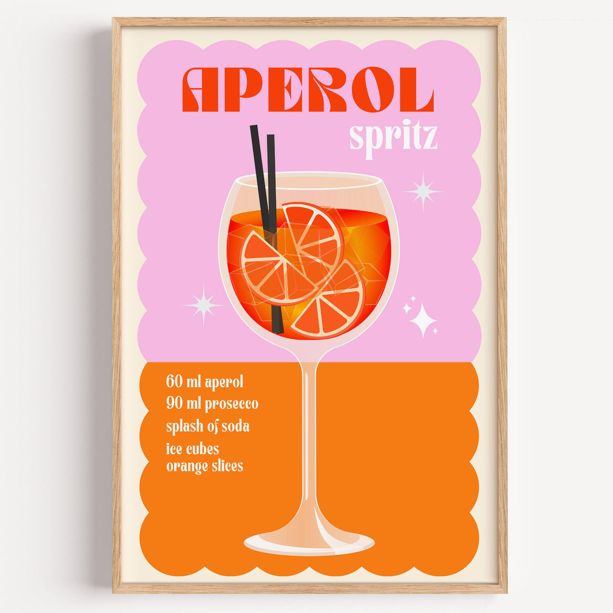Spritz recipe pink and orange print in a light oak frame on a plain white wall