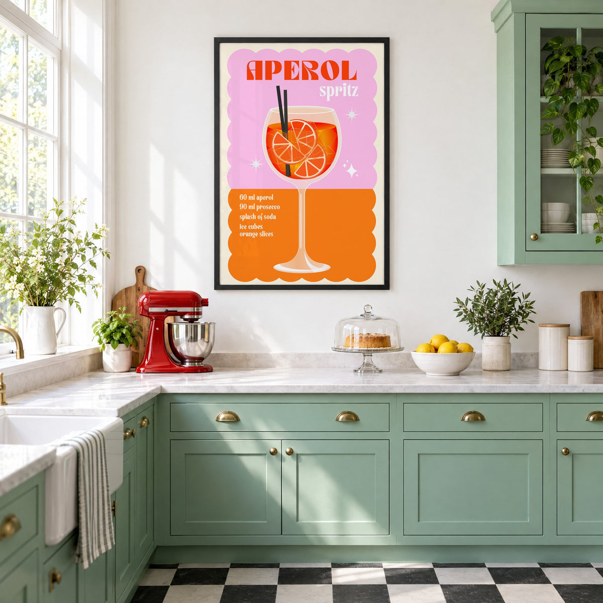 Spritz recipe pink and orange print in a black frame in a mint green retro kitchen above a red stand mixer