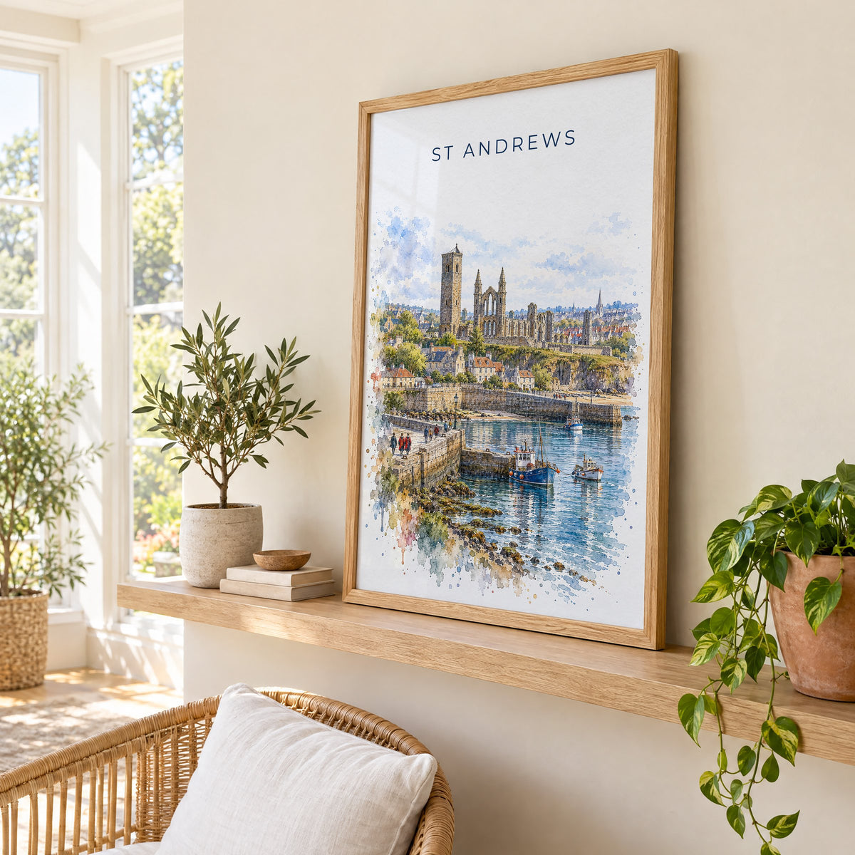 St Andrews watercolor print in an oak frame on a picture ledge in a sunlit sunroom
