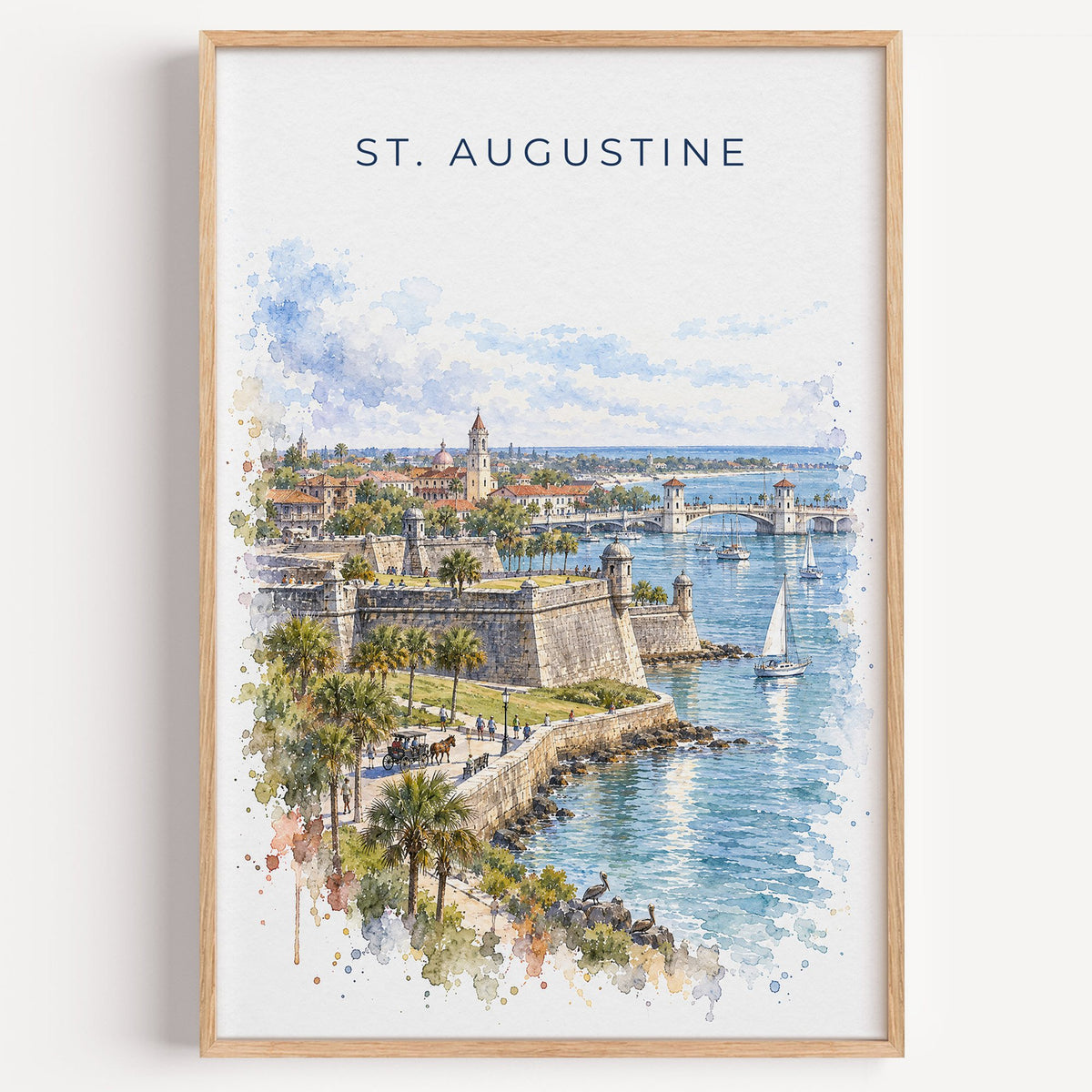 St. Augustine watercolor print in a light oak frame on a plain white wall