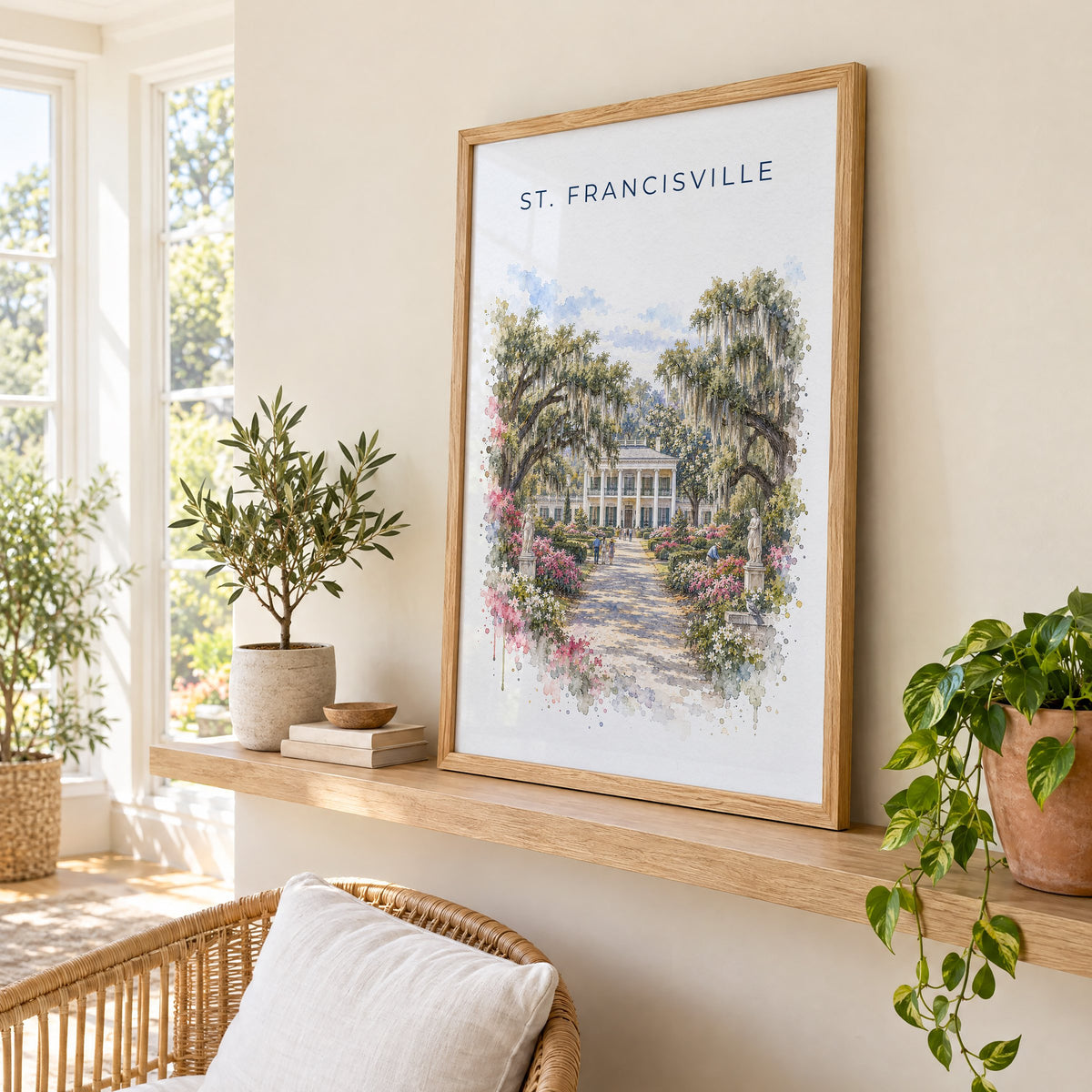 St. Francisville, Louisiana watercolor print in an oak frame on a picture ledge in a sunlit sunroom